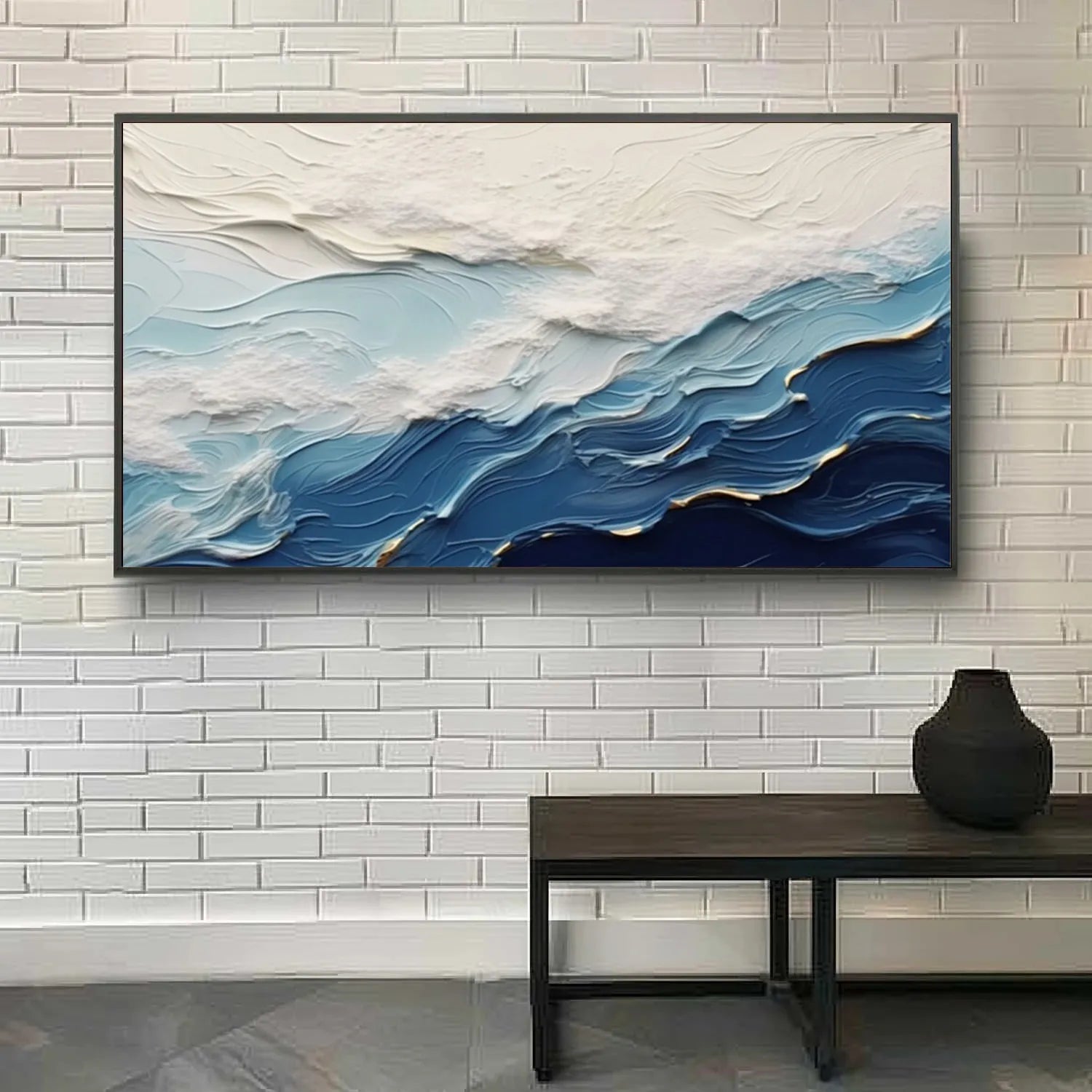 Wide Format Blue and White Textured Wave Abstract Oil Painting - Modern Ocean Art #JJ 167