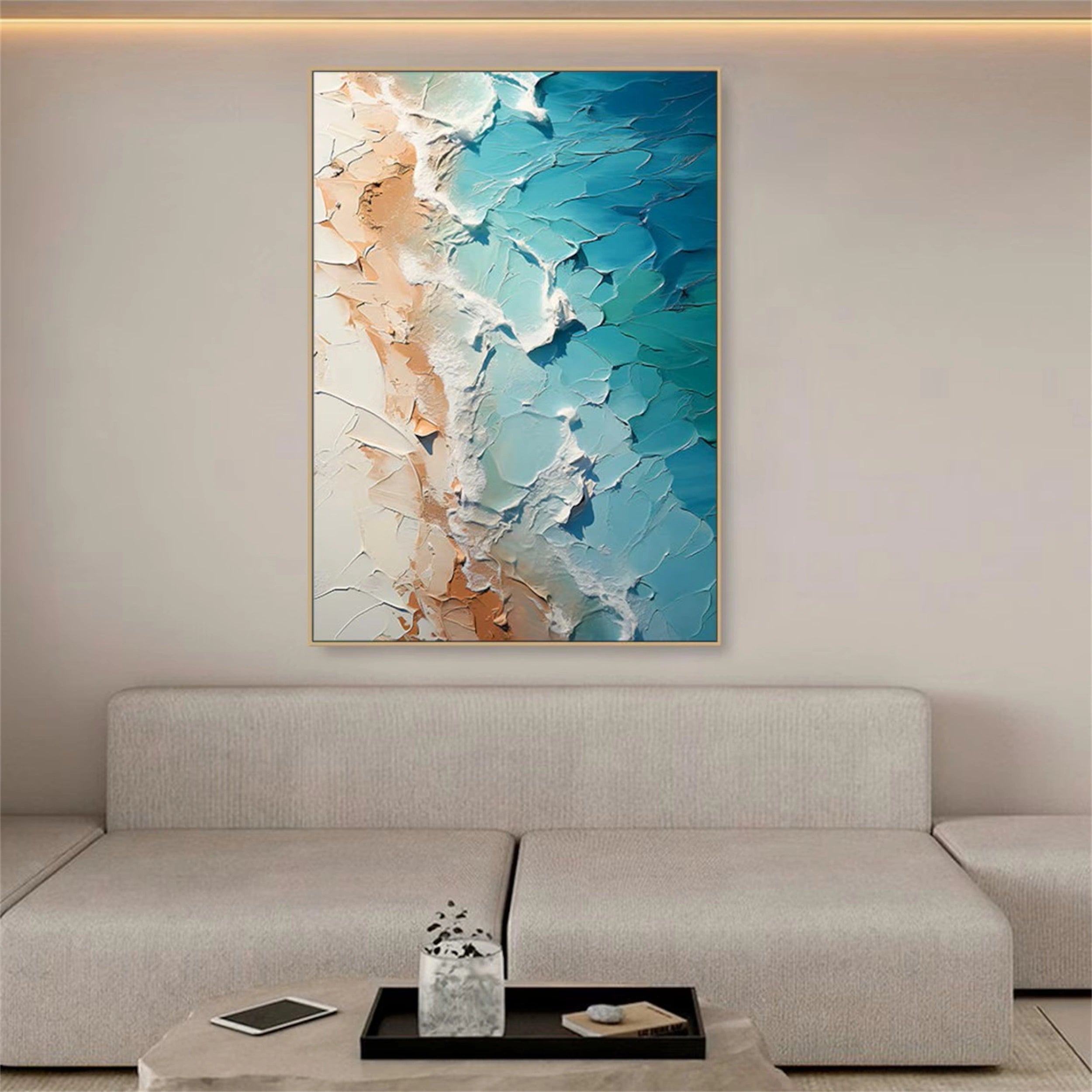Textured Wall Art Handmade Teal Ocean Beige Sand Abstract #JJ 224