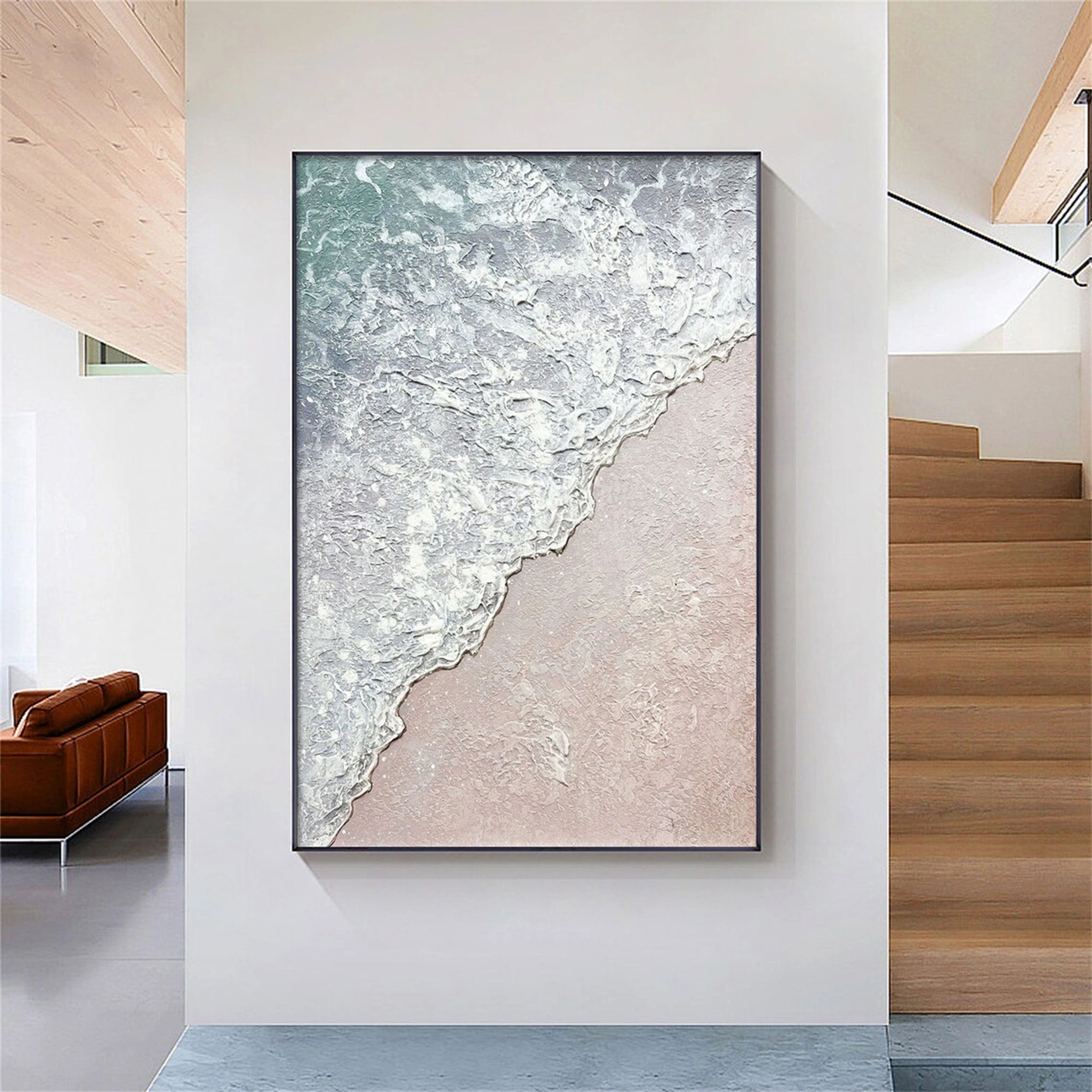 Living Room Art Upgrade: Large 3D Ocean Wave Painting with Earthy Palette #JJ 146