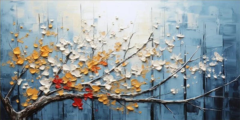 Textured Floral Wall Art | Large Blue Gold Blossom Branch Painting #ZZ 141