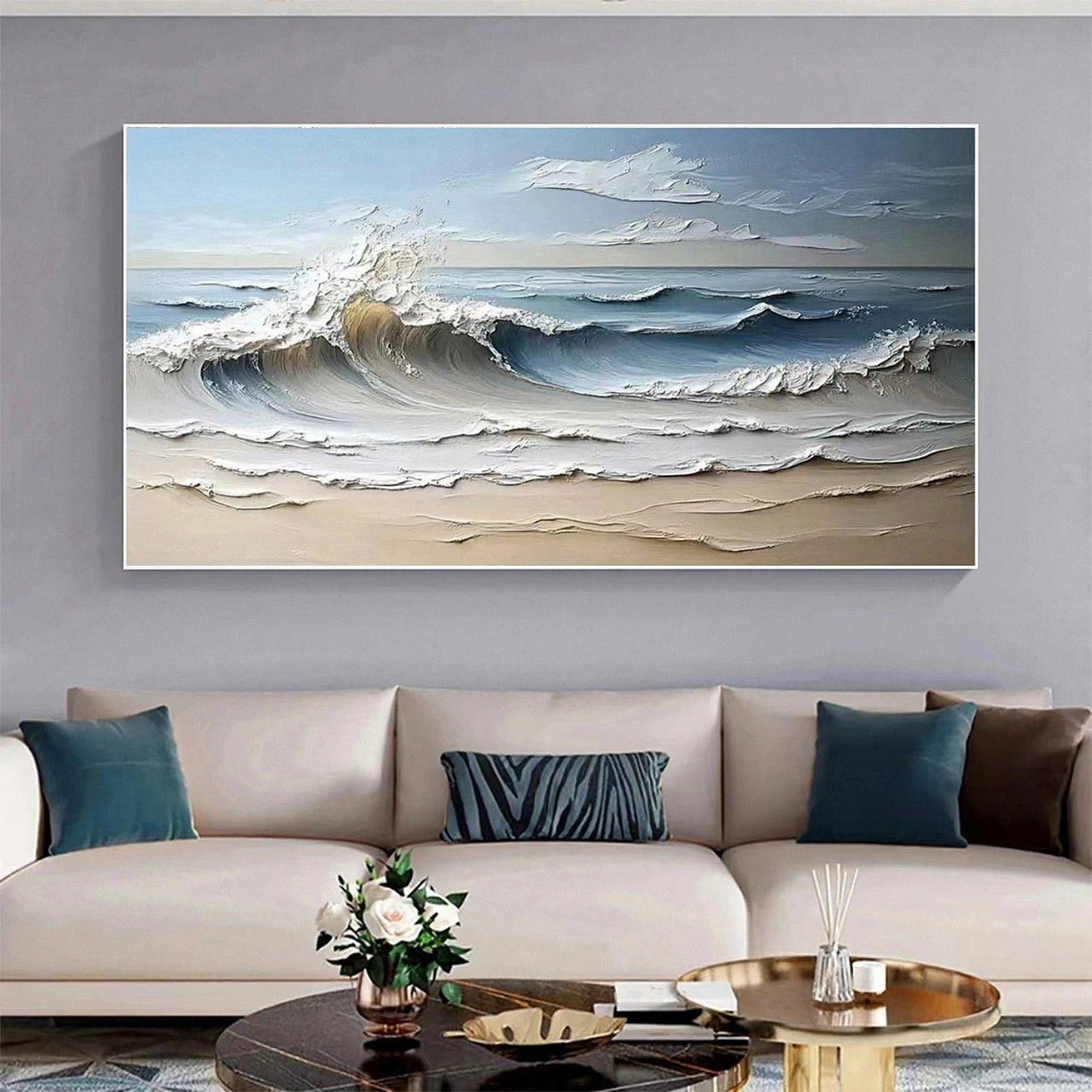 Wide Calm Coastal Sand and Sea Abstract - Blue and White Minimalist Oil Painting #JJ 163
