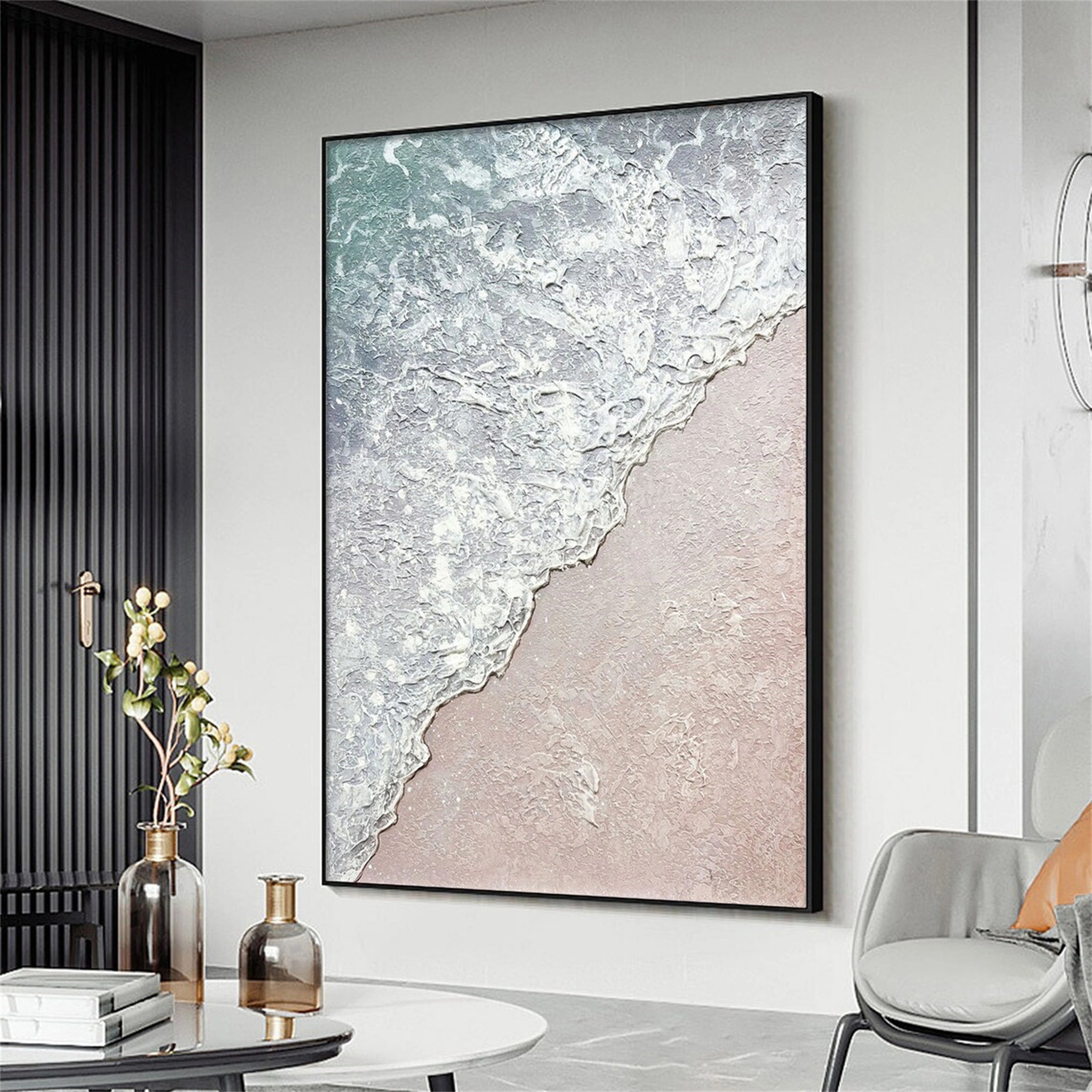 Living Room Art Upgrade: Large 3D Ocean Wave Painting with Earthy Palette #JJ 146