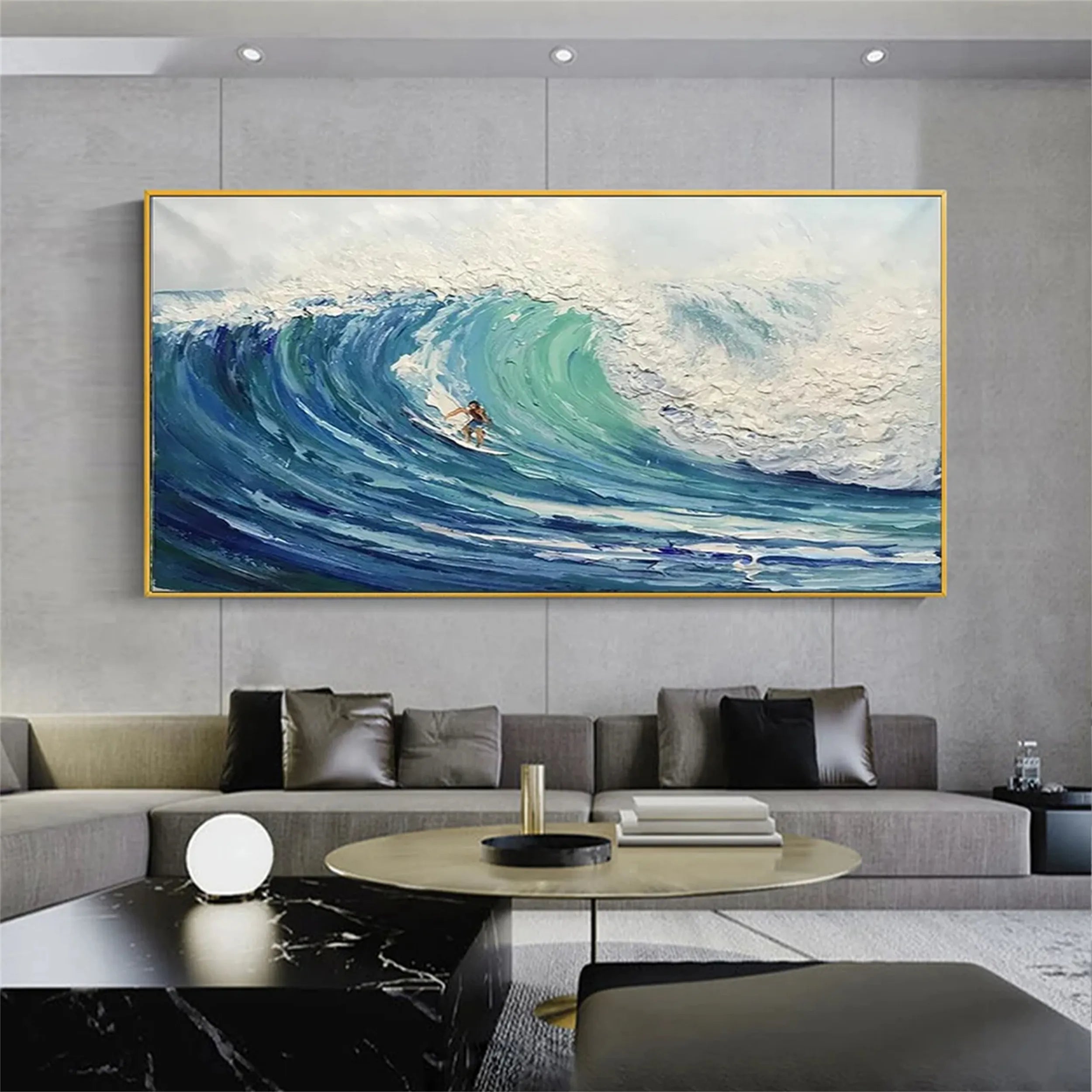 Summer Blue Ocean Surfing Textured Abstract Canvas Painting #JJ 244