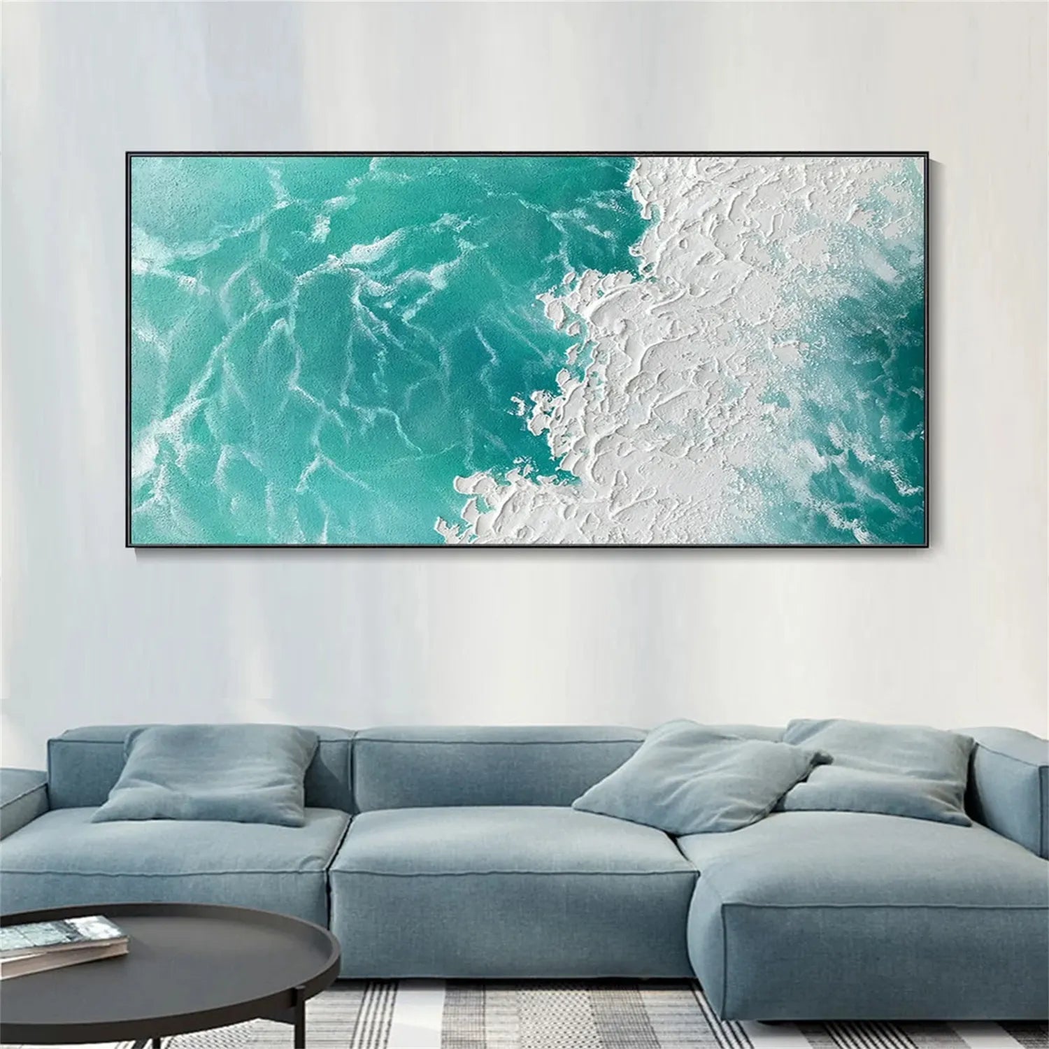 Textured Seascape Painting - Modern Blue Beige Wall Art #JJ 191