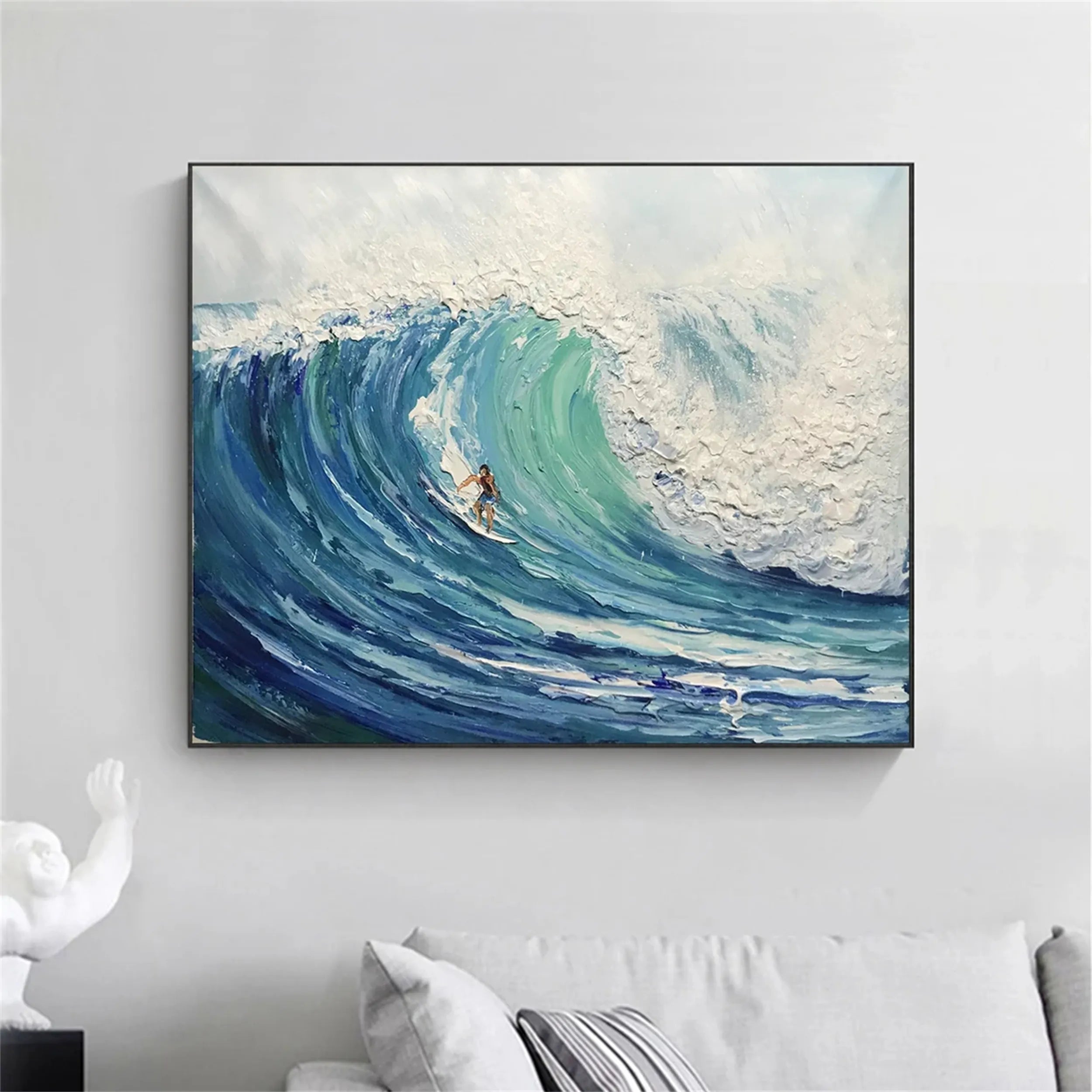 Summer Blue Ocean Surfing Textured Abstract Canvas Painting #JJ 244