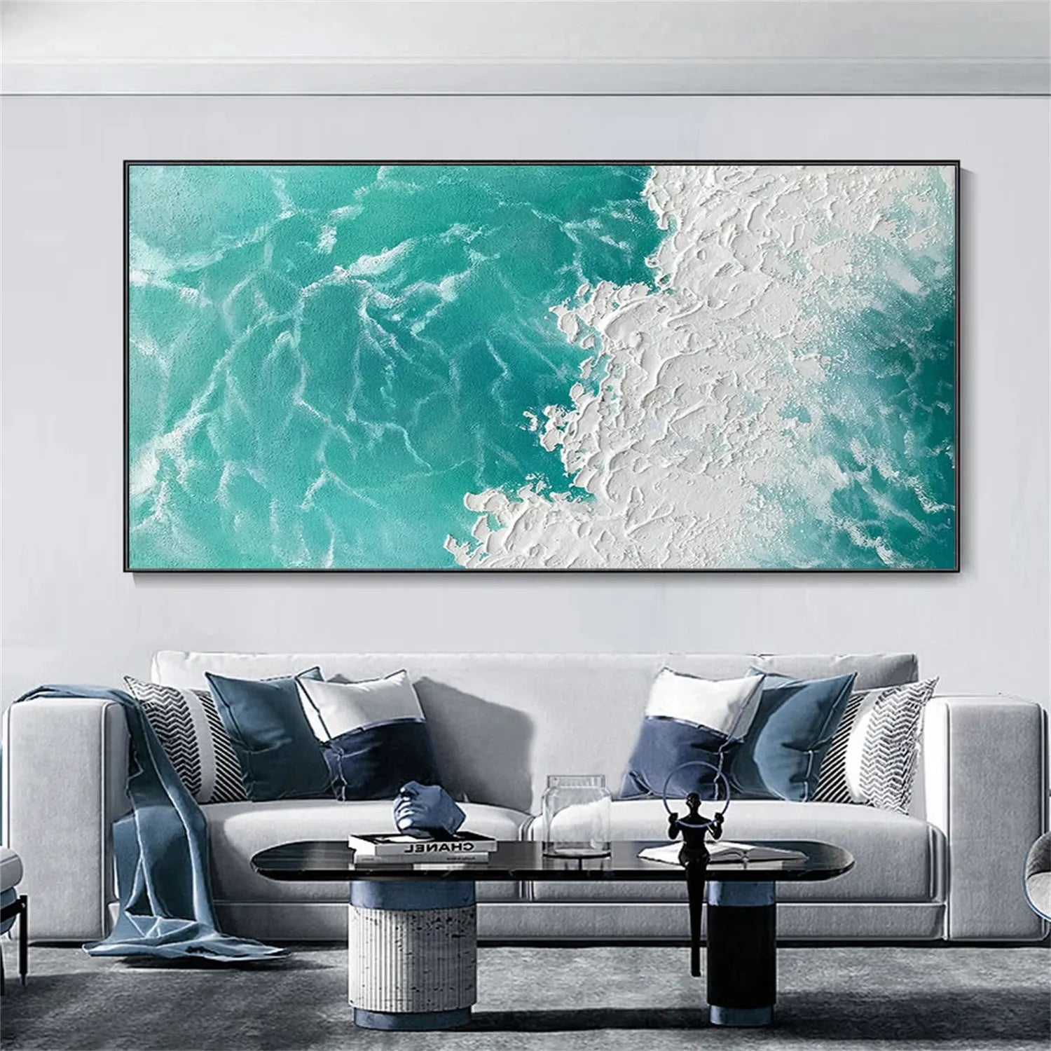 Textured Seascape Painting - Modern Blue Beige Wall Art #JJ 191