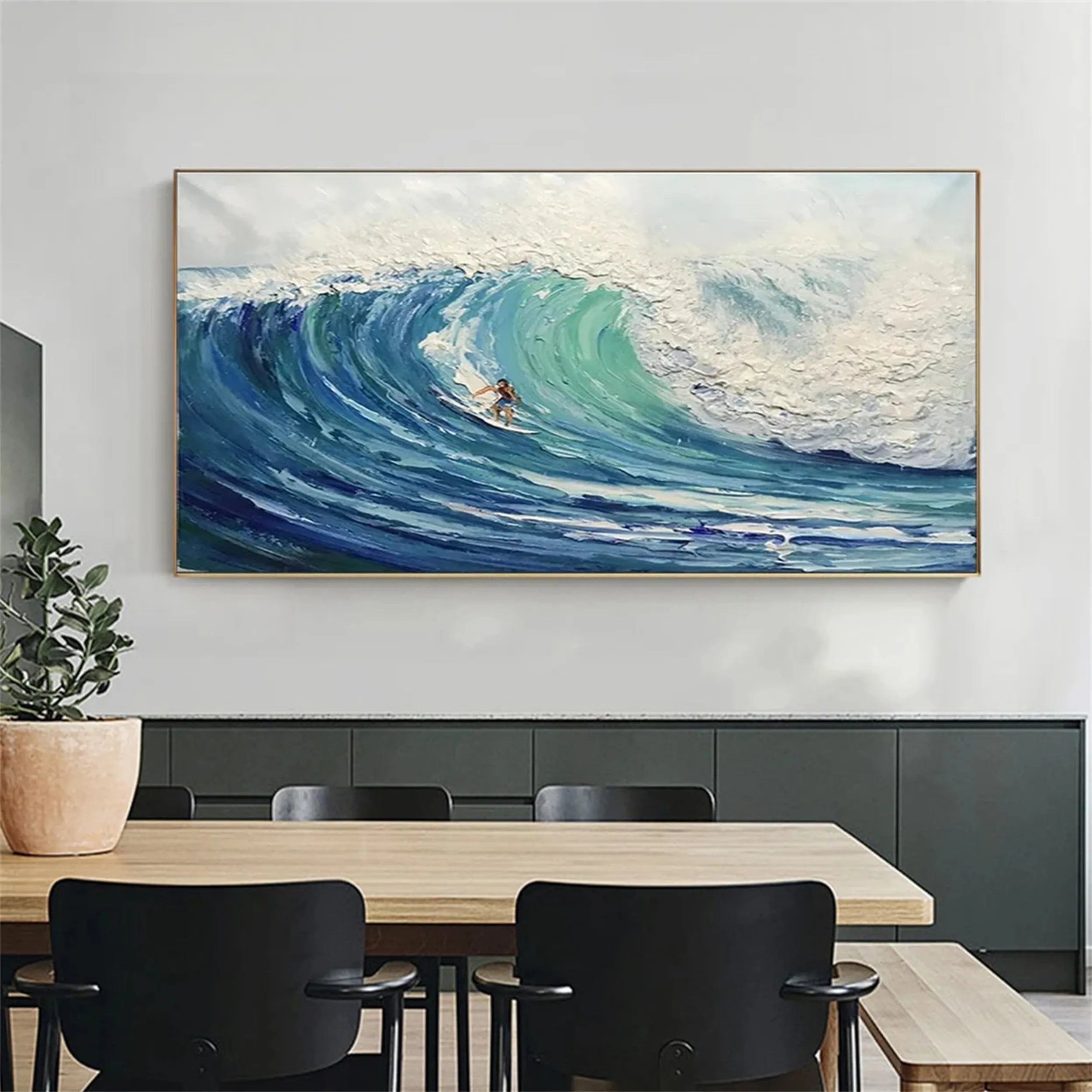 Summer Blue Ocean Surfing Textured Abstract Canvas Painting #JJ 244