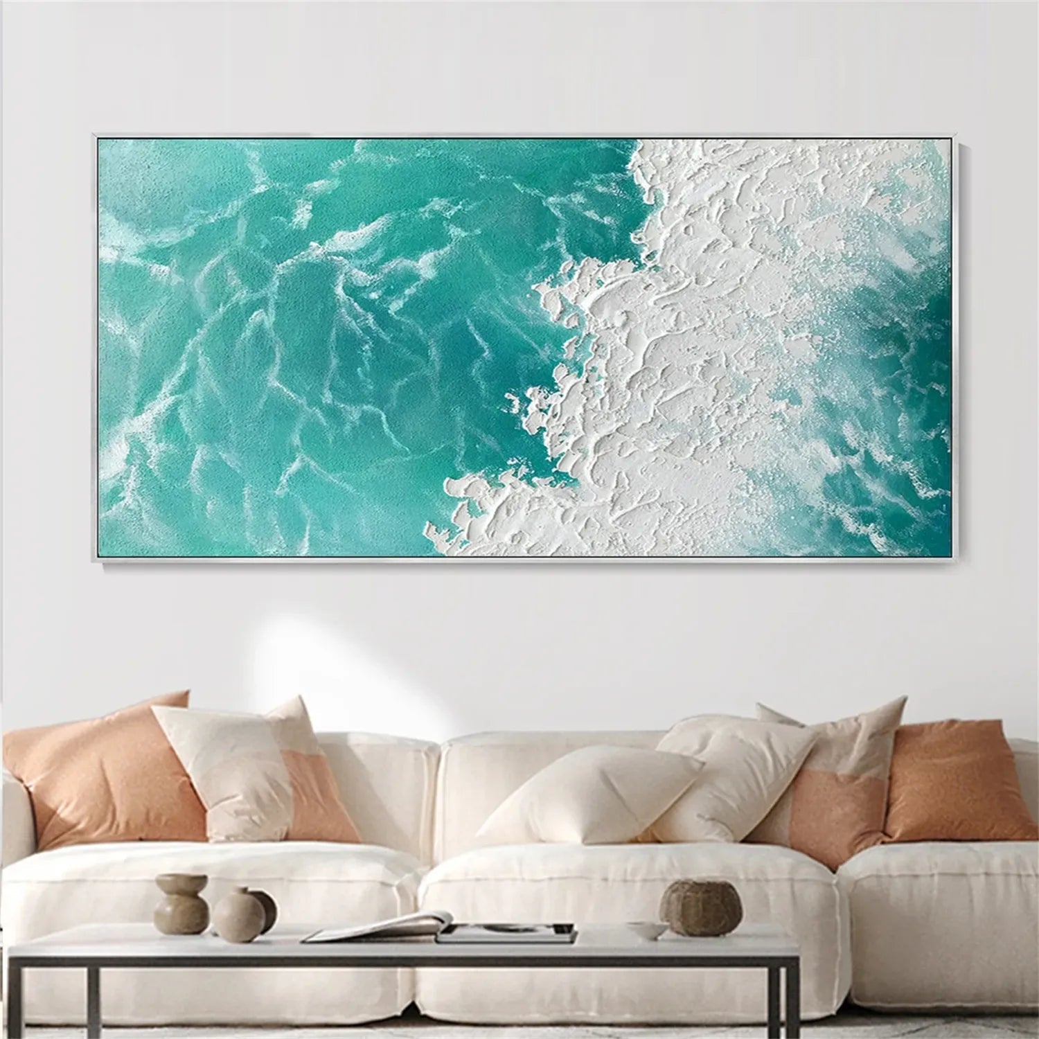 Textured Seascape Painting - Modern Blue Beige Wall Art #JJ 191
