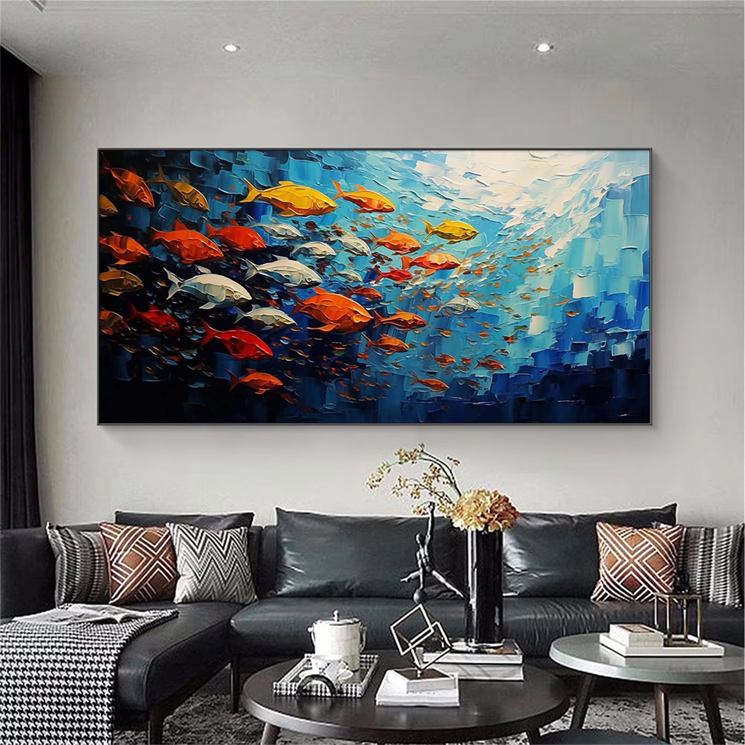Large Abstract Oil Painting Fish Wall Art - Ocean Painting #JJ 242