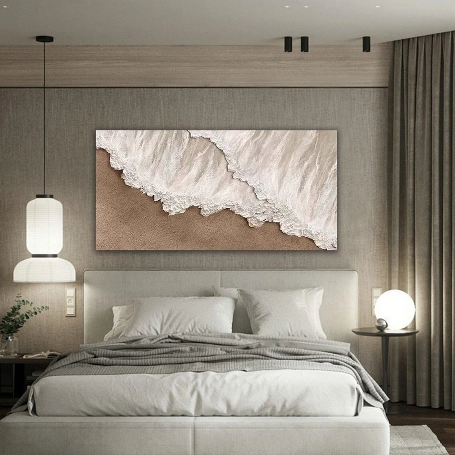 Large Horizontal Beige White Textured Beach Abstract - Modern Wall Art #JJ 174