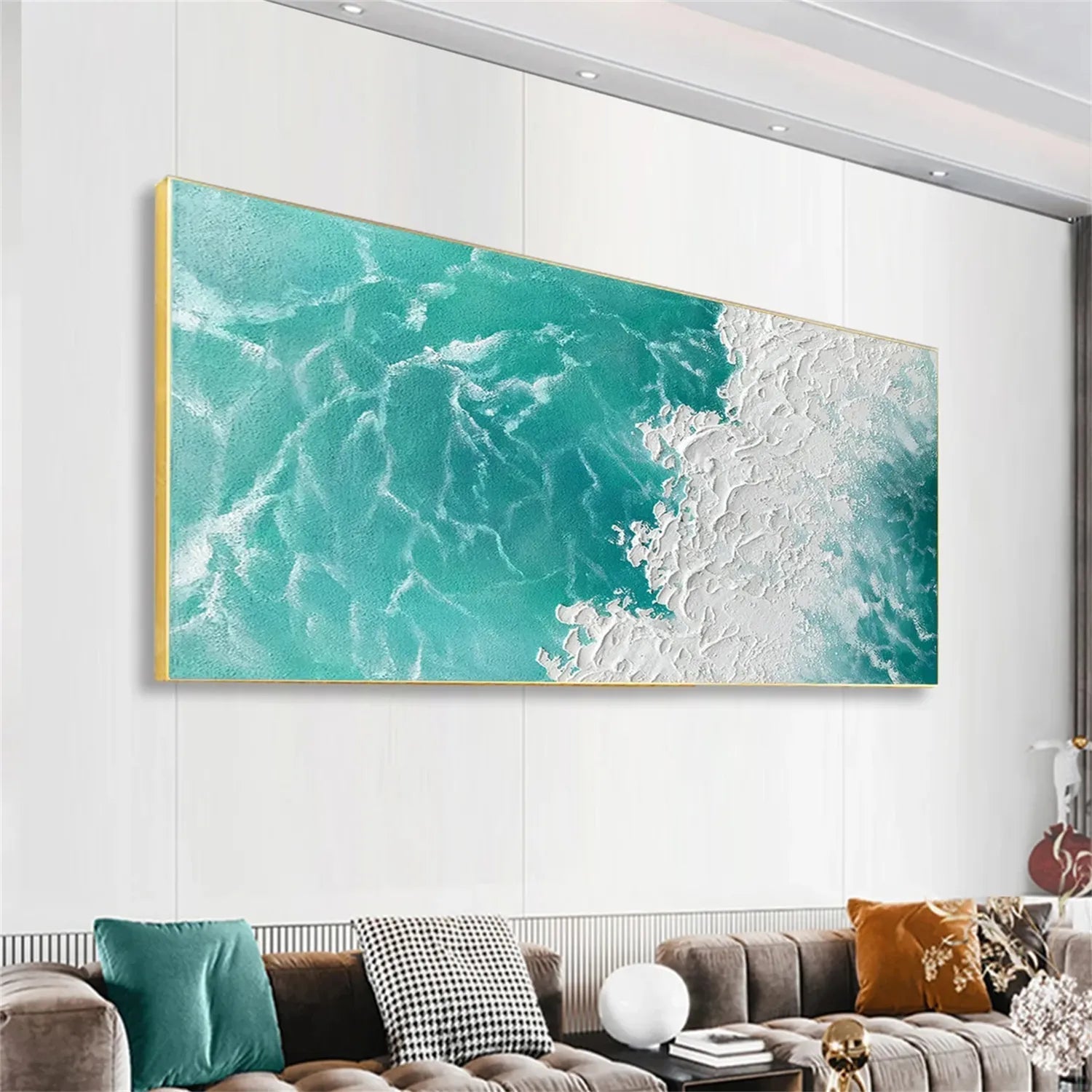 Textured Seascape Painting - Modern Blue Beige Wall Art #JJ 191