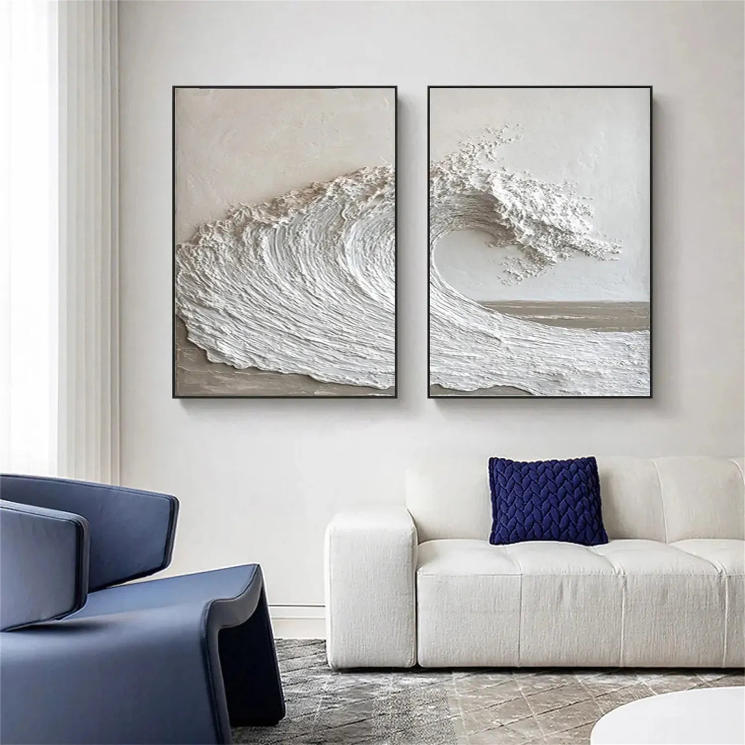 Large Textured Wave Wall Art Set of 2 White 3D Ocean Canvas #ZZ 086