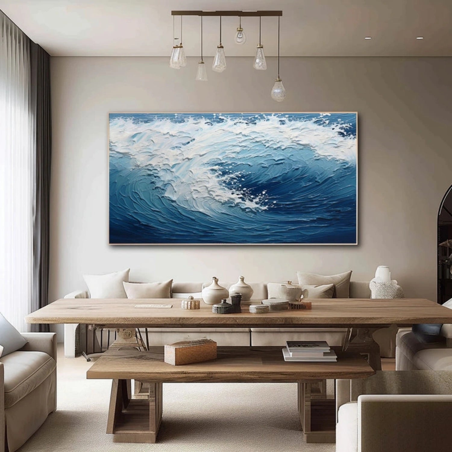 Large Horizontal Wave Abstract - Blue and White Textured Ocean Oil Painting #JJ 164