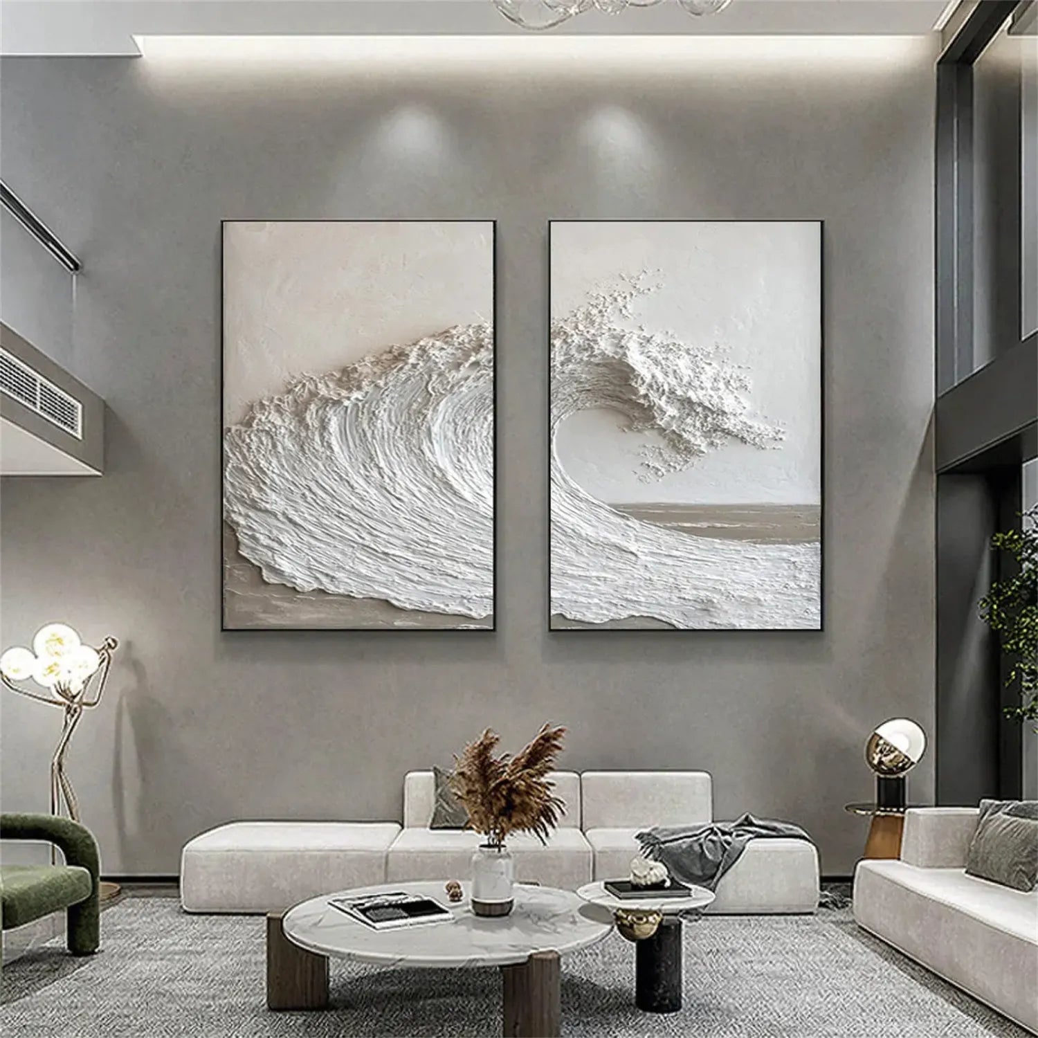 Large Textured Wave Wall Art Set of 2 White 3D Ocean Canvas #ZZ 086