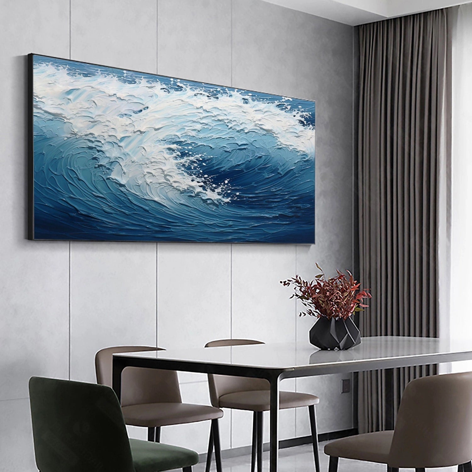 Large Horizontal Wave Abstract - Blue and White Textured Ocean Oil Painting #JJ 164