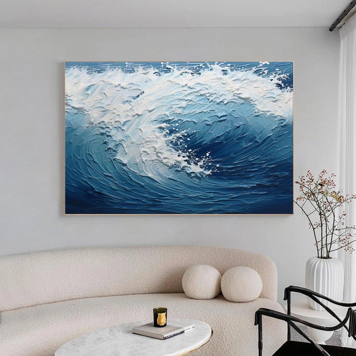 Large Horizontal Wave Abstract - Blue and White Textured Ocean Oil Painting #JJ 164