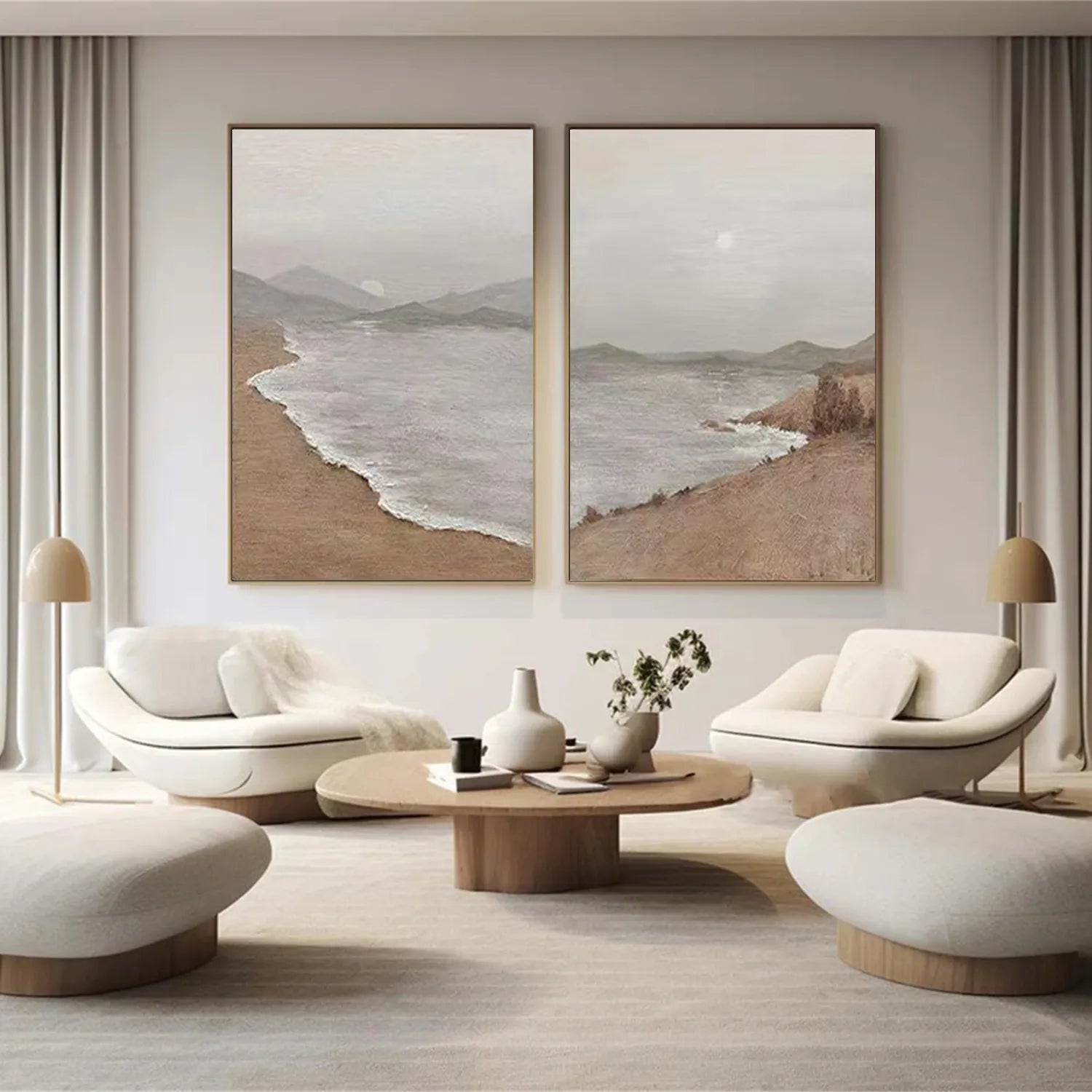 Large Neutral Abstract Wall Art Vertical Coastal Landscape Set of 2 #ZZ 084