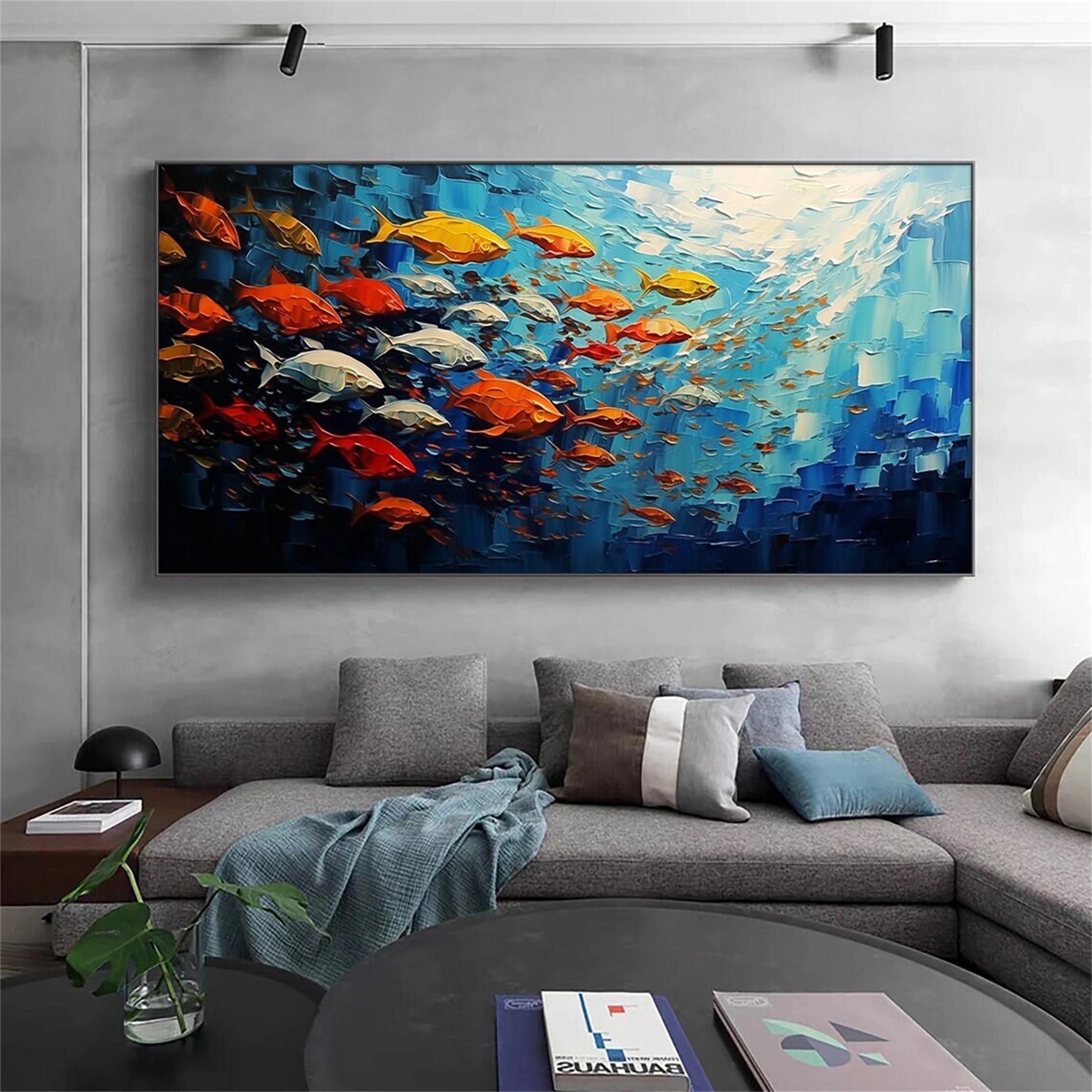 Large Abstract Oil Painting Fish Wall Art - Ocean Painting #JJ 242