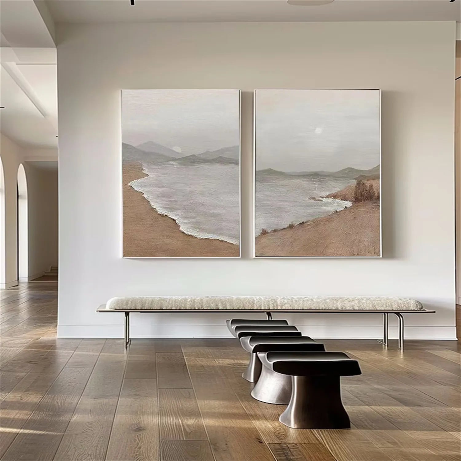 Large Neutral Abstract Wall Art Vertical Coastal Landscape Set of 2 #ZZ 084