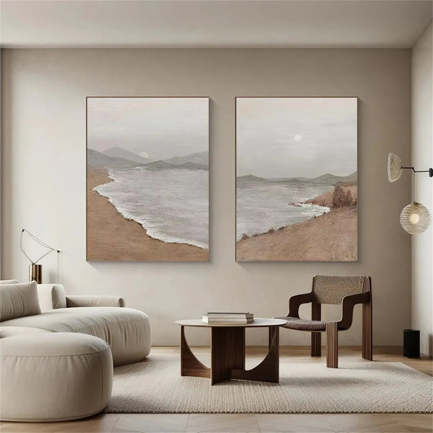 Large Neutral Abstract Wall Art Vertical Coastal Landscape Set of 2 #ZZ 084