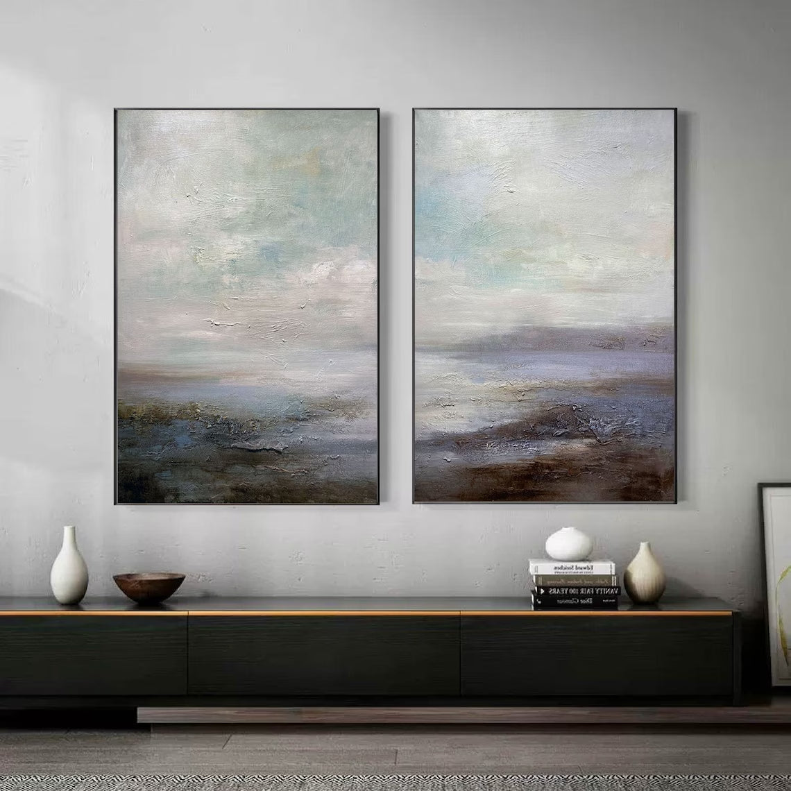 Abstract Landscape Diptych: Muted Coastal Art Set of 2 #ZZ 049