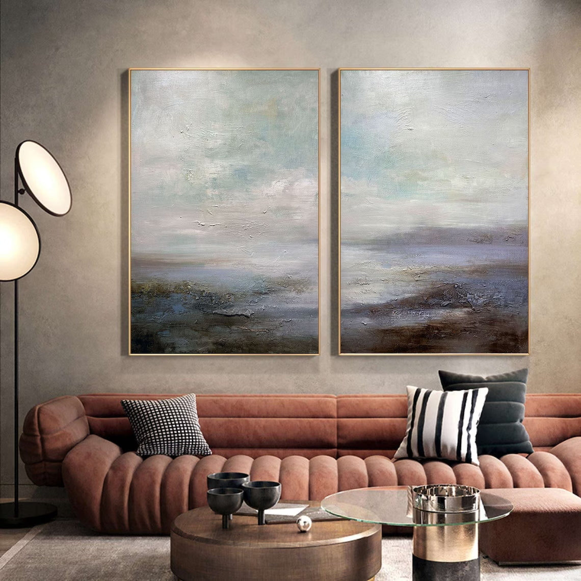 Abstract Landscape Diptych: Muted Coastal Art Set of 2 #ZZ 049