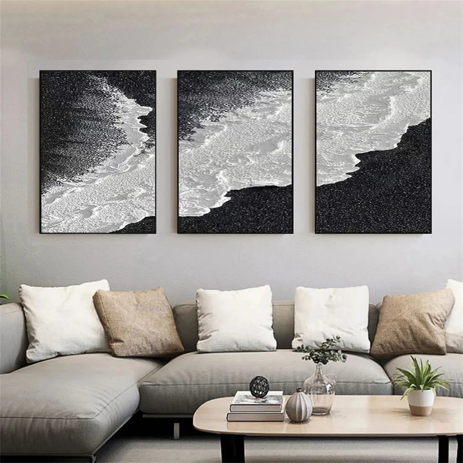 Serene Black White Coast - Textured Minimalist Wall Art #JJ 205