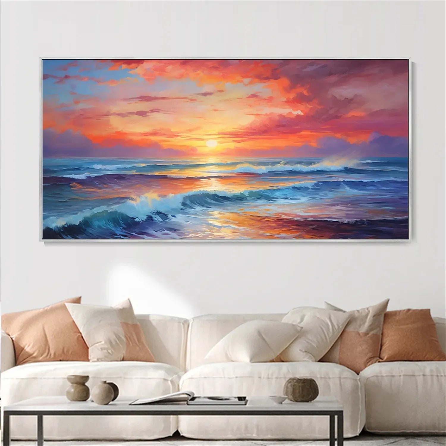 Vibrant Ocean Sunset Wall Art | Extra Large Wave Canvas Painting #ZZ 058