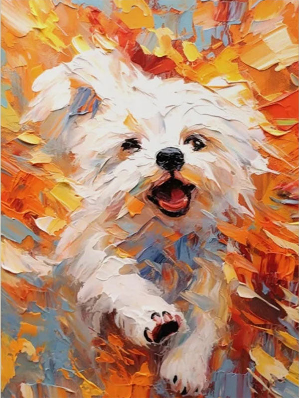 Vibrant Animal Painting | Large Textured White Dog Running Canvas Wall Art #ZZ 167