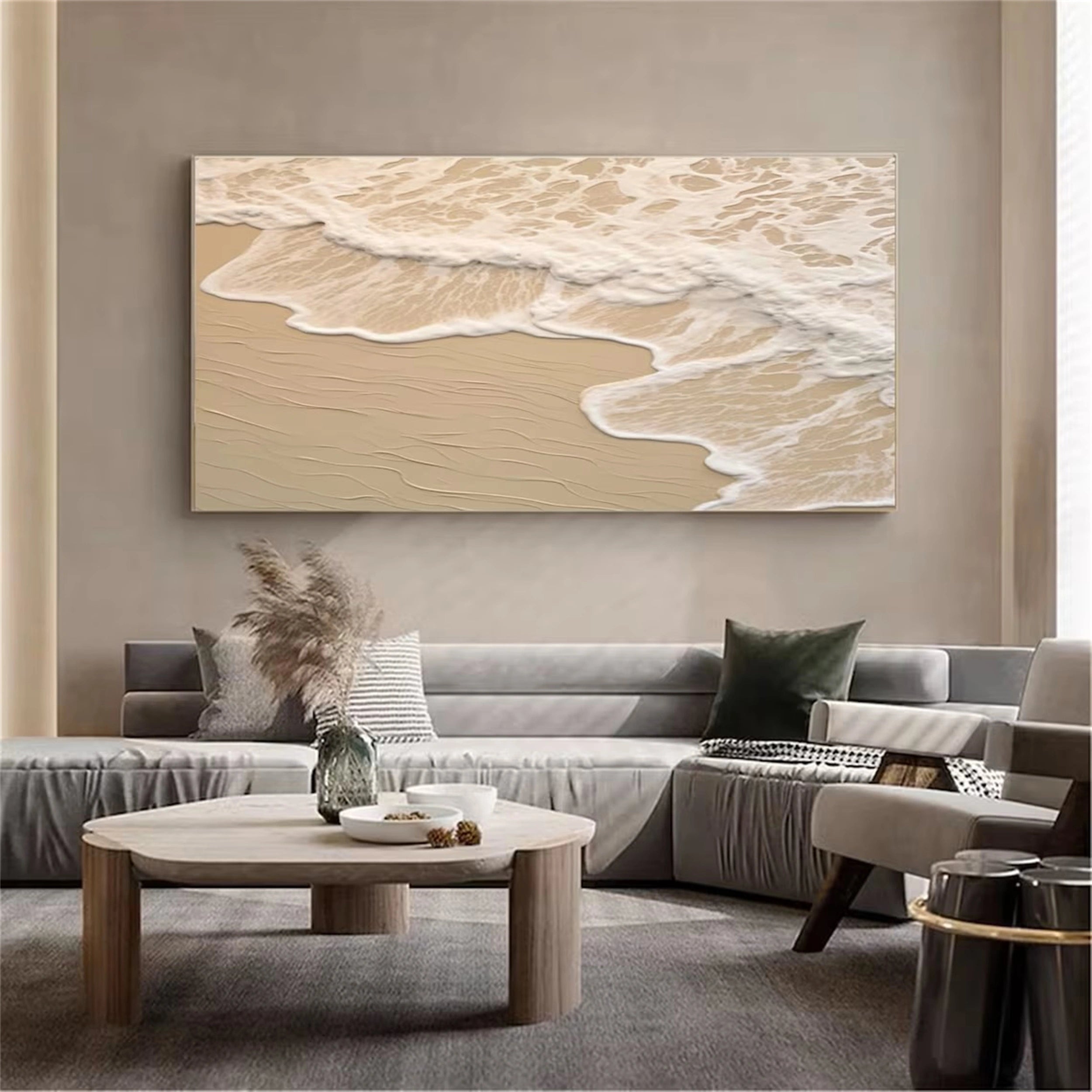 Beige Beach Painting - Sea Waves Texture Painting Canvas #JJ 264