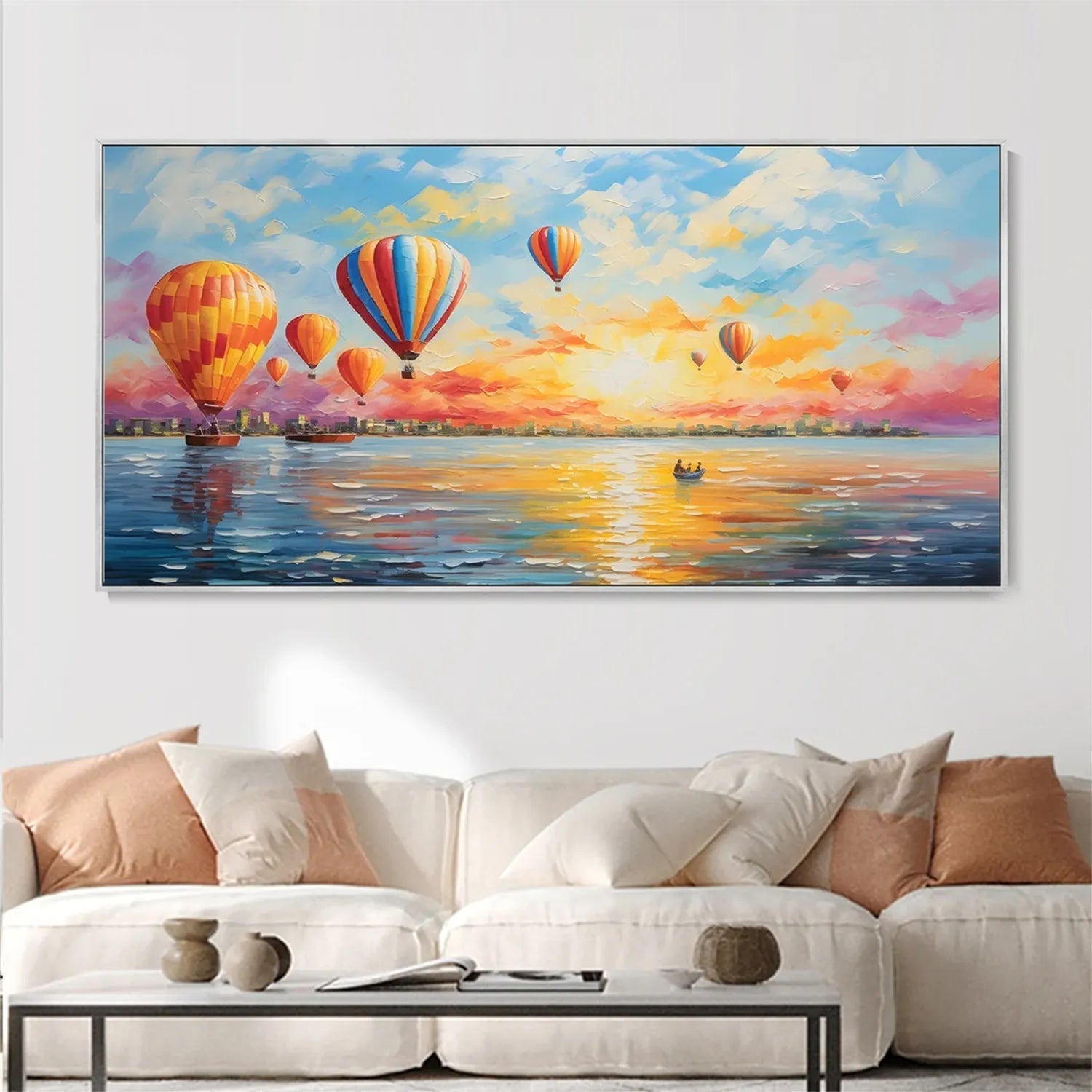 Colorful Hot Air Balloon Sunrise Seascape Oil Painting #JJ 193