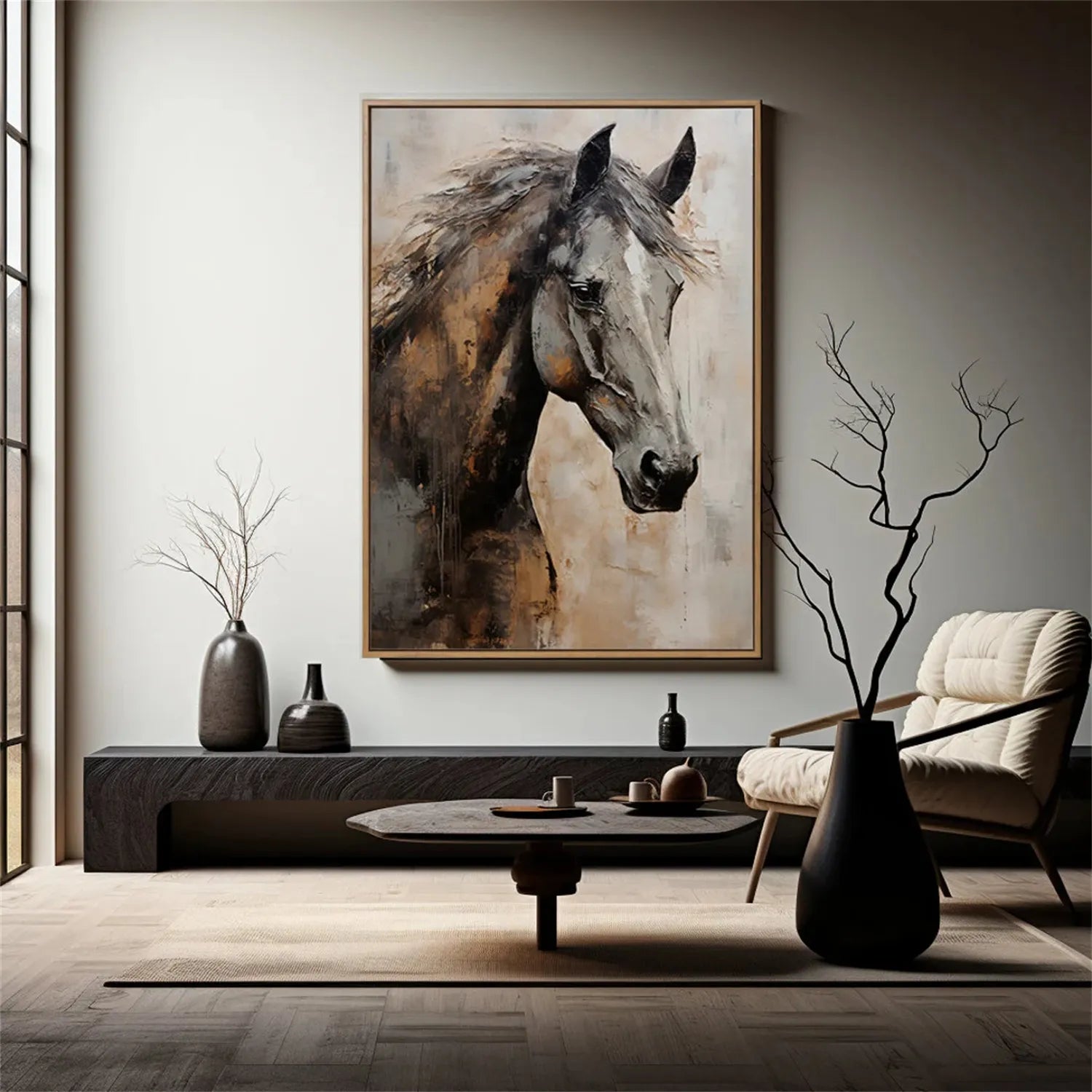 Textured Black Horse Art: Modern Equestrian Oil Painting on Canvas #ZZ 021