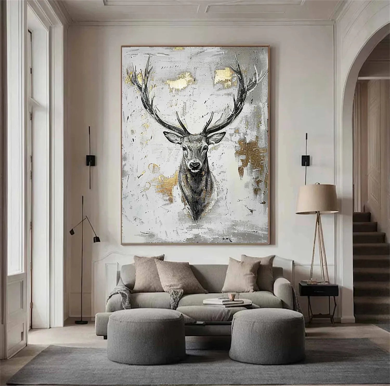 Stag Wall Art | Large Deer Painting Gold Accent Canvas #ZZ 211
