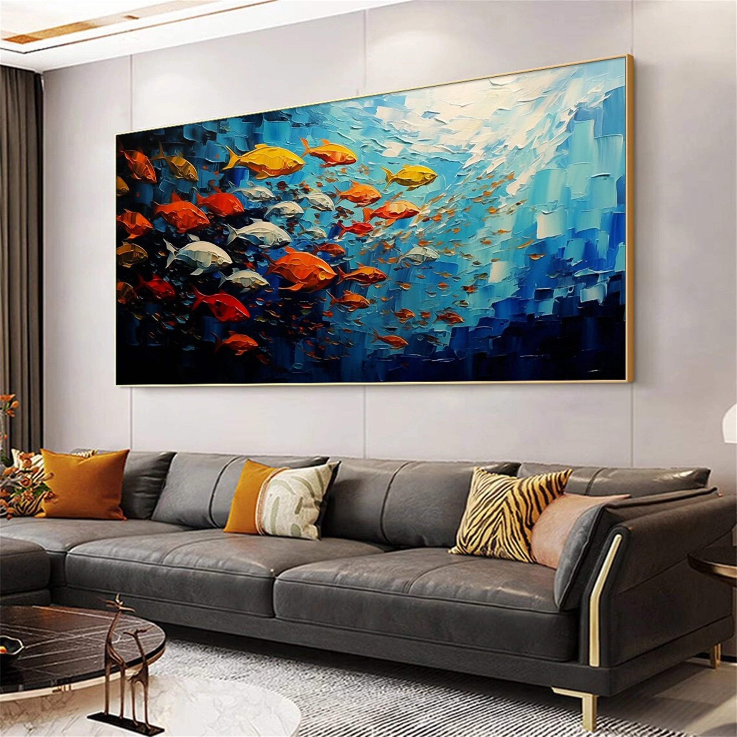 Large Abstract Oil Painting Fish Wall Art - Ocean Painting #JJ 242
