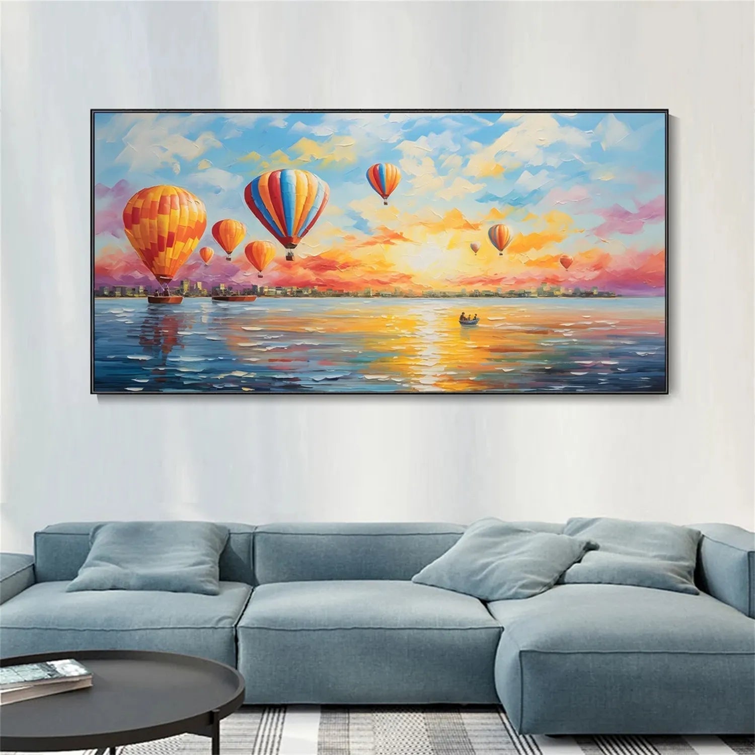 Colorful Hot Air Balloon Sunrise Seascape Oil Painting #JJ 193