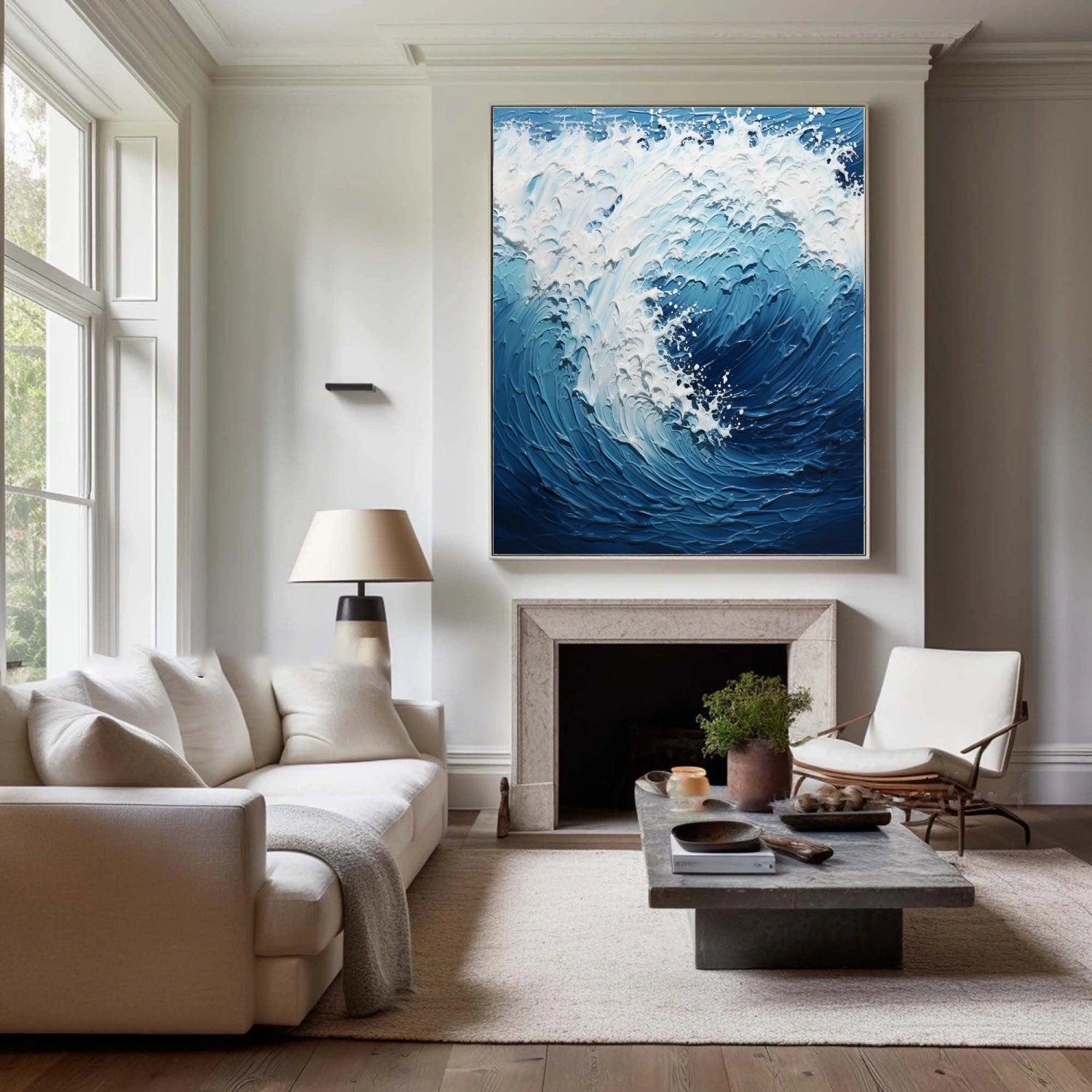 Dynamic Ocean Wave Textured Abstract - Blue and White Modern Oil Painting #JJ 117