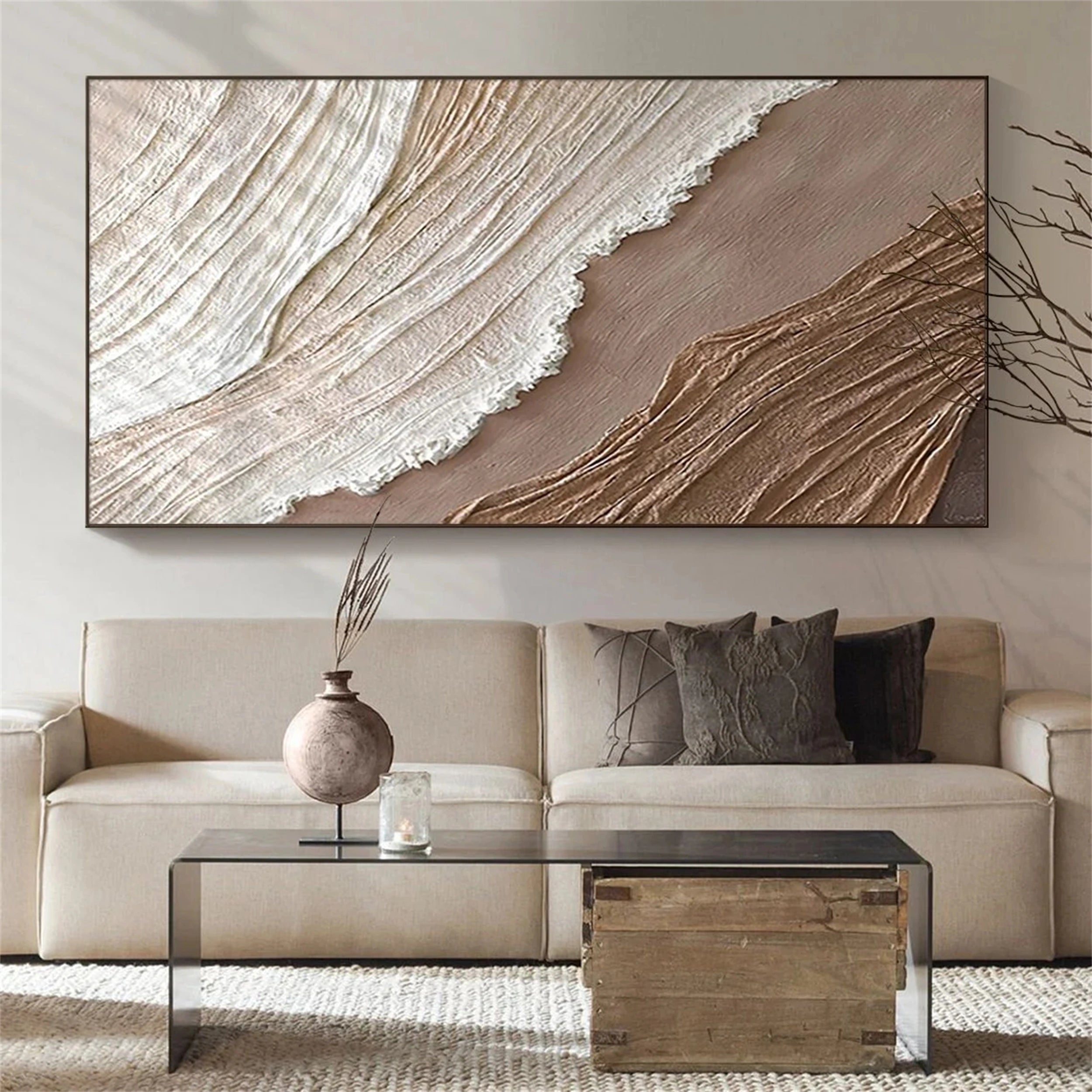 Oversized Neutral Canvas Wall Art Textured Ocean Panels #ZZ 062
