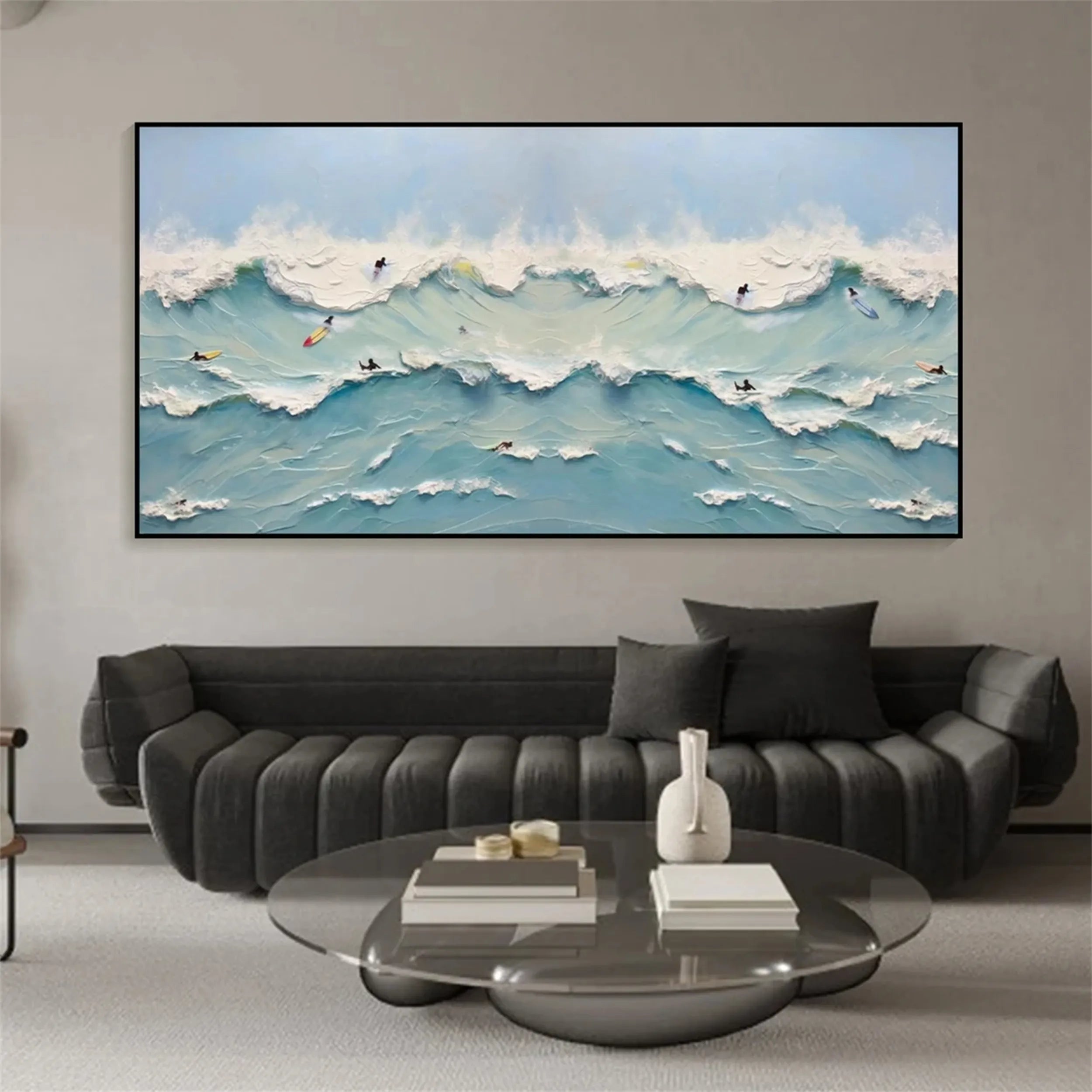 Surfer's Horizon – Textured Ocean Wave Painting Home Decor #JJ 247
