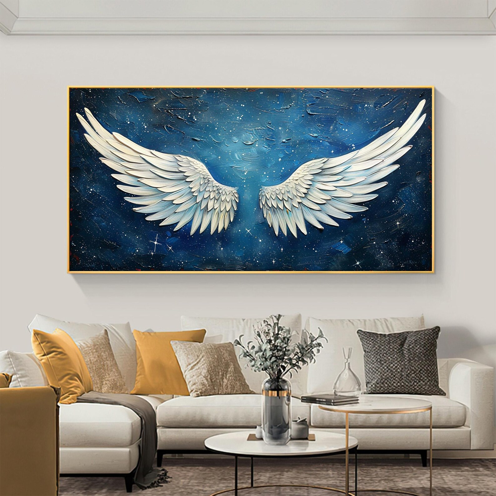 Angel Wings Painting on Blue | Large Textured Celestial Wall Art #ZZ 005