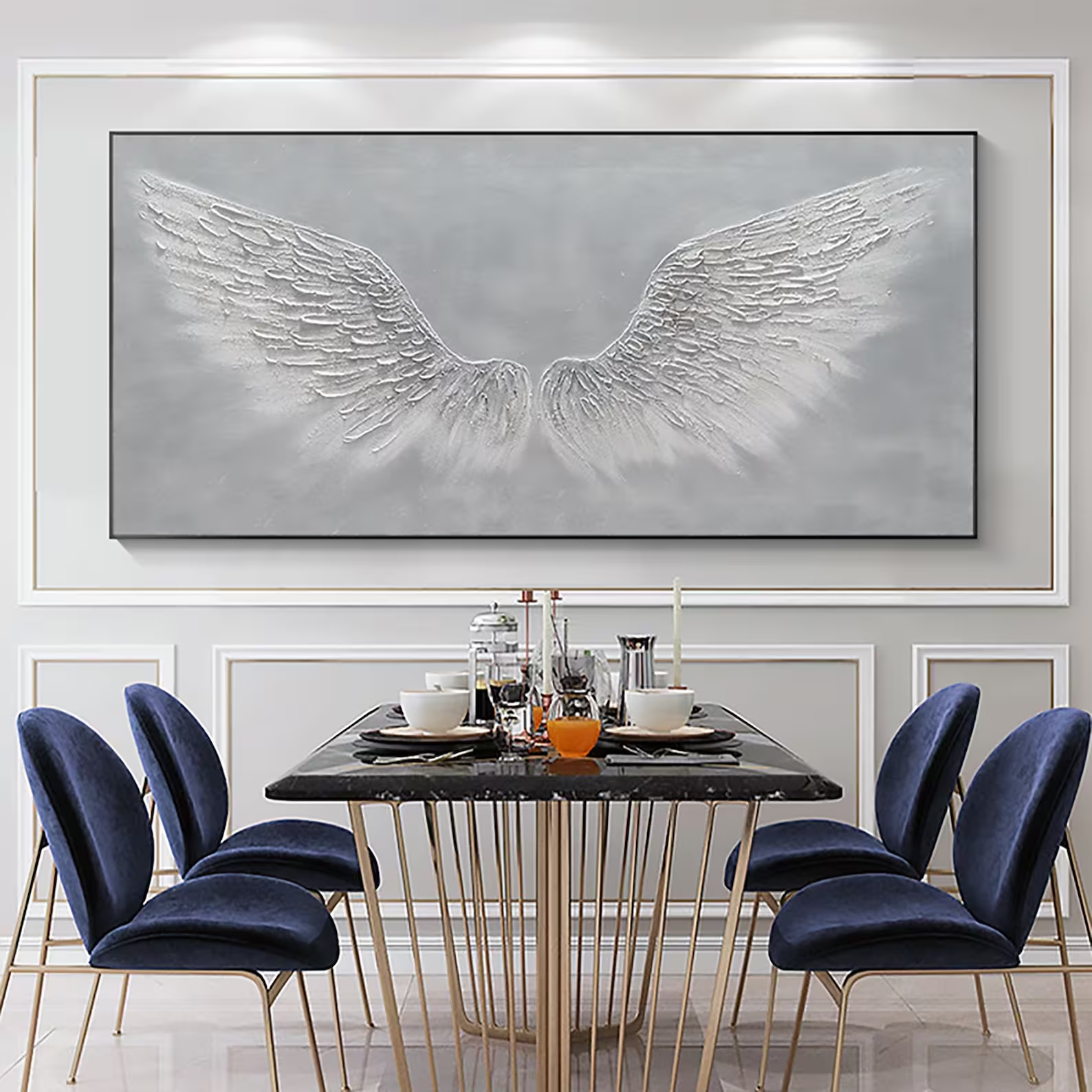White Angel Wings Oil Painting | Large Grey & White Wall Art #ZZ 008
