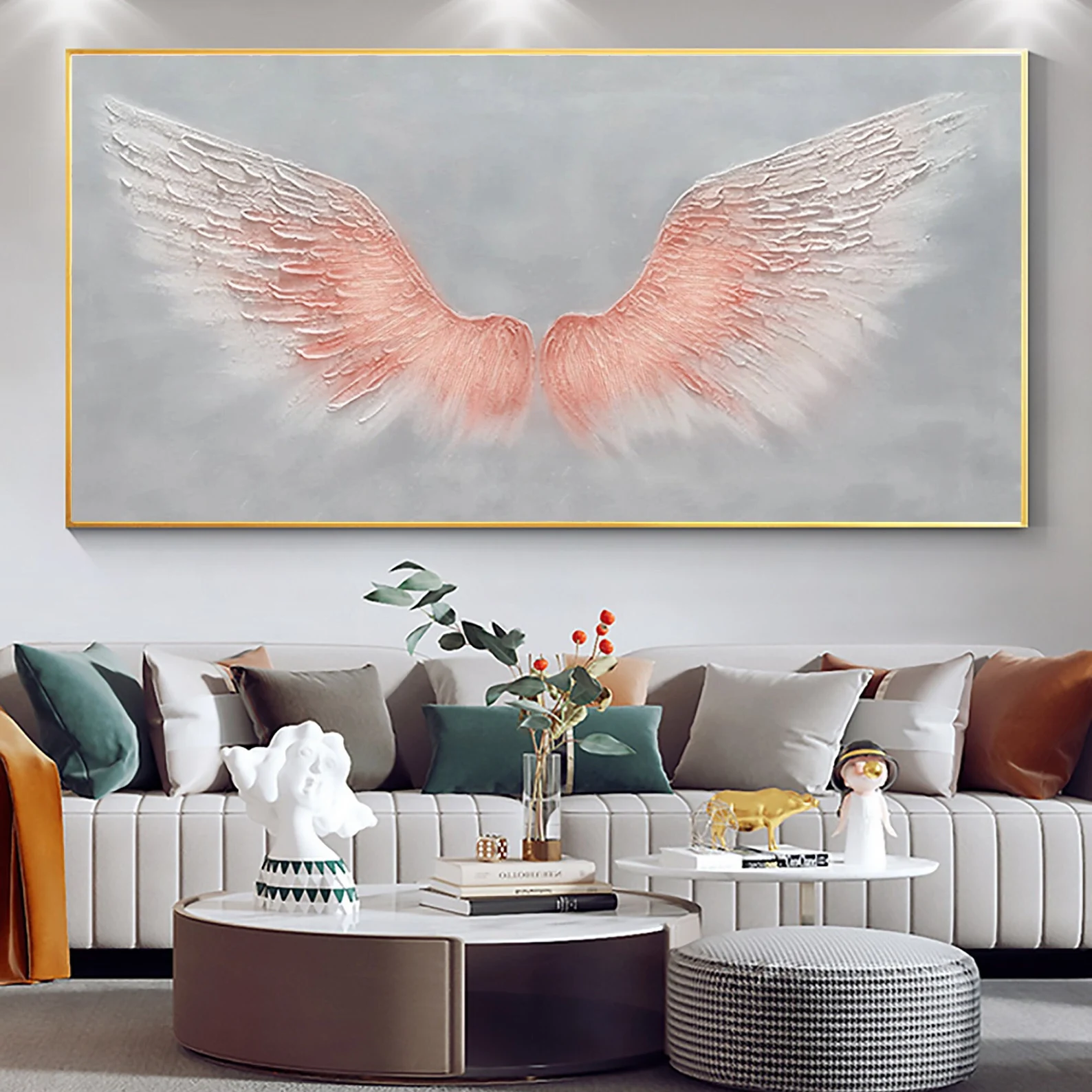 Original Large Pink Wings Art | Textured Painting on Grey Canvas #ZZ 013