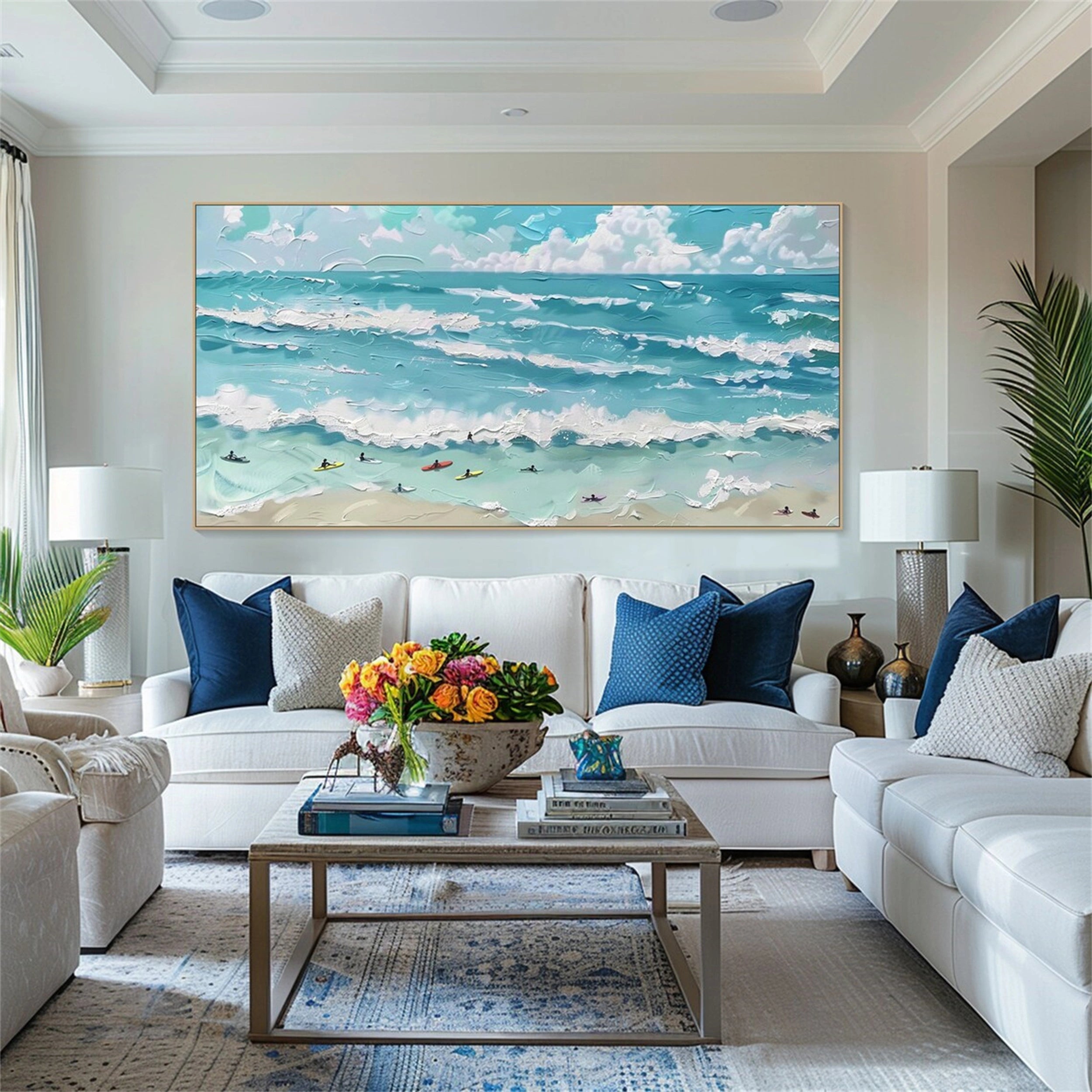 Surfboard Beach Painting | Turquoise and White Impasto Seascape Home Decor #JJ 249
