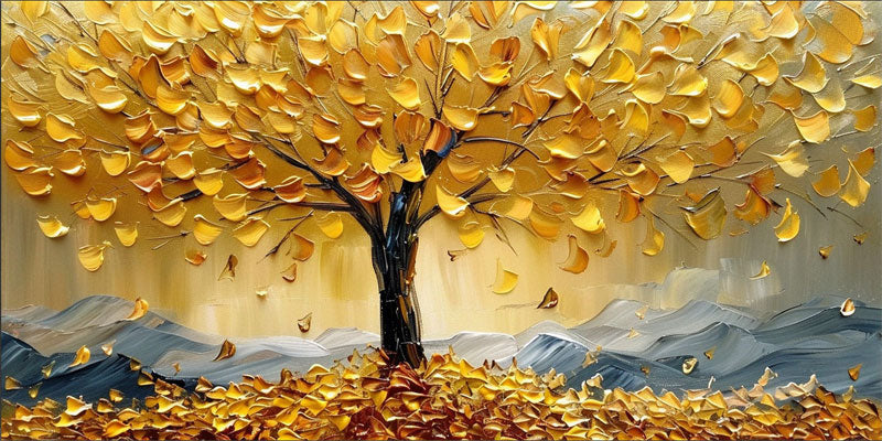 Golden Tree Wall Art | Large Textured Landscape Painting Canvas #ZZ 178