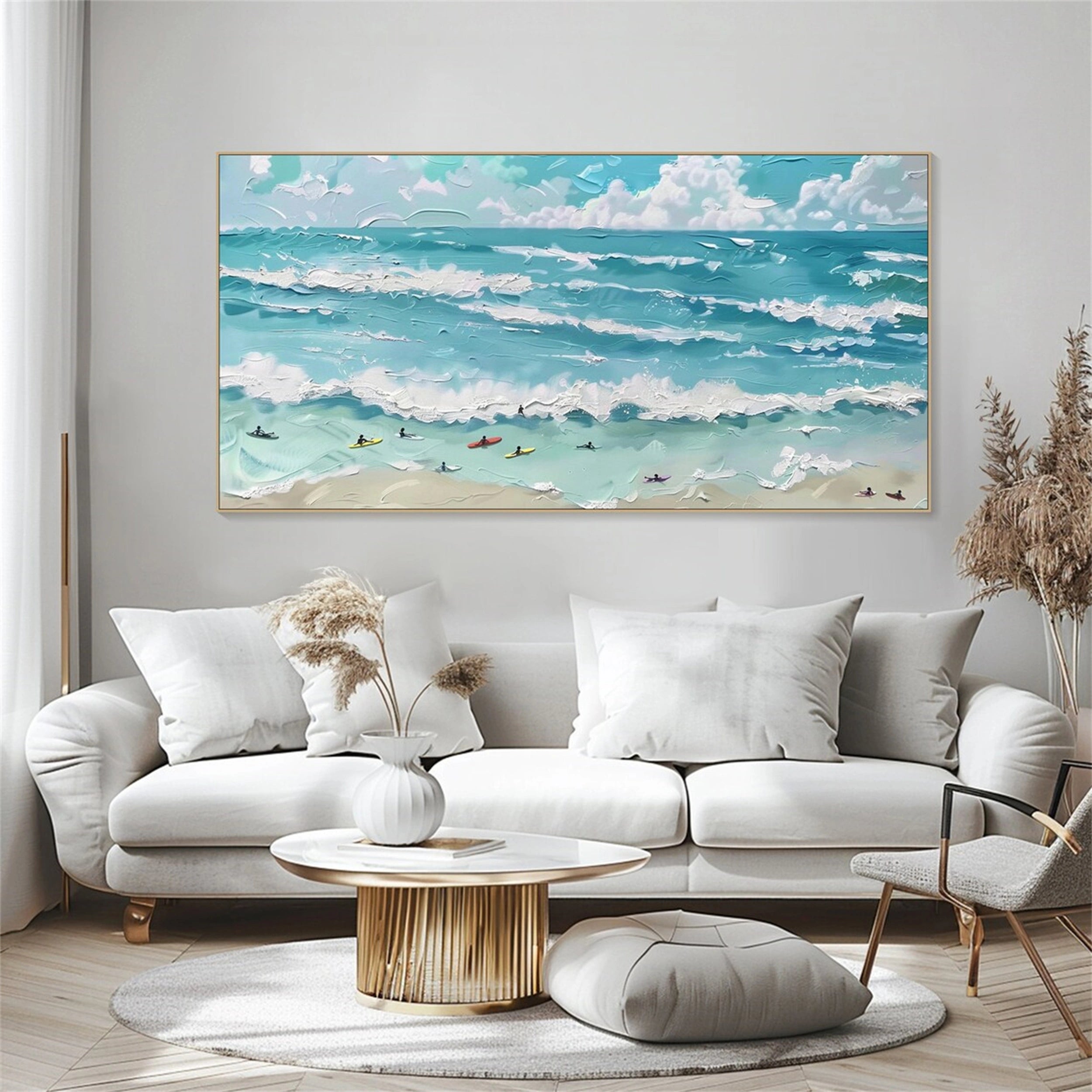 Surfboard Beach Painting | Turquoise and White Impasto Seascape Home Decor #JJ 249