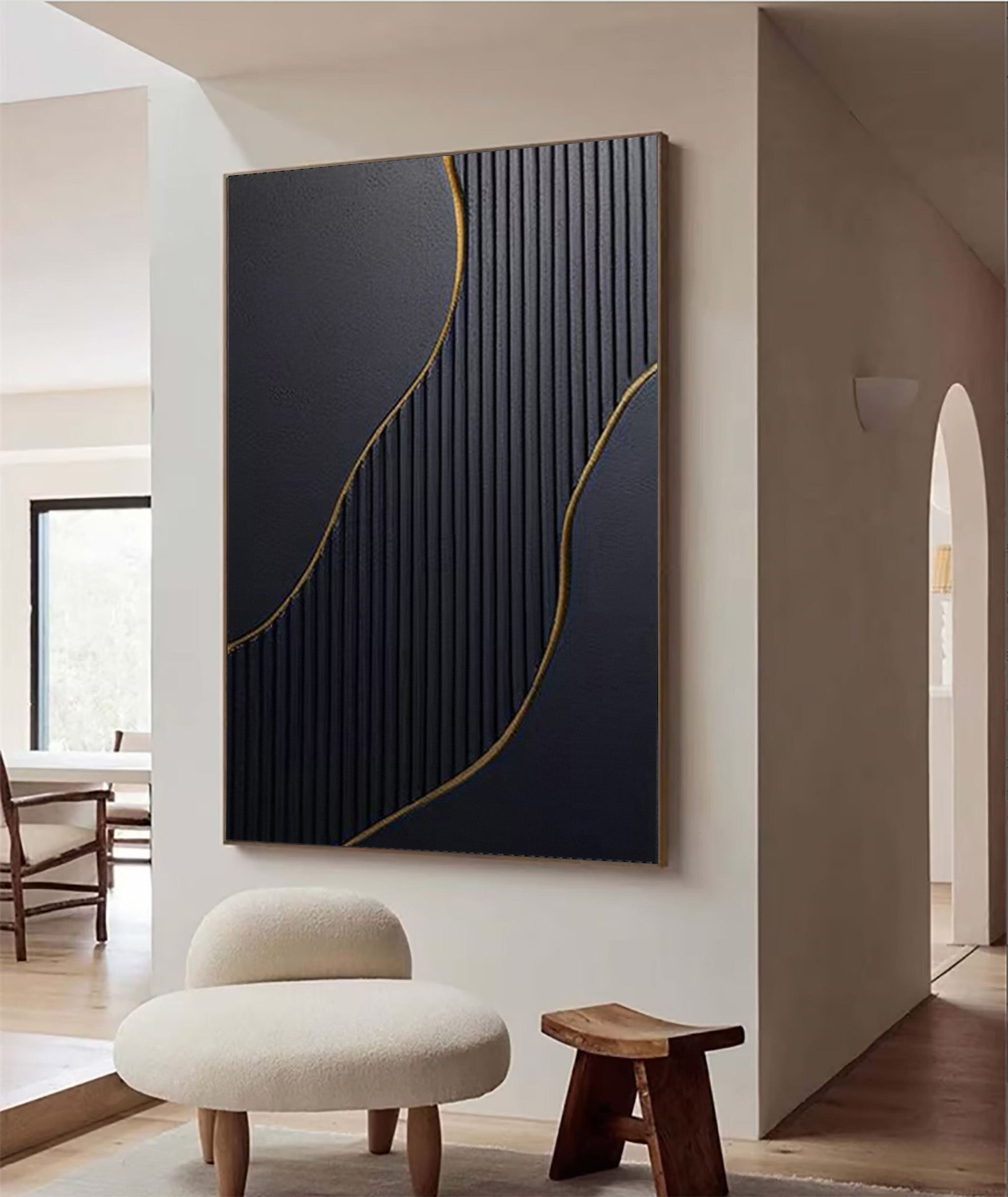 Textured Black and Gold Abstract Art | Modern Linear Canvas Painting #JJ 057