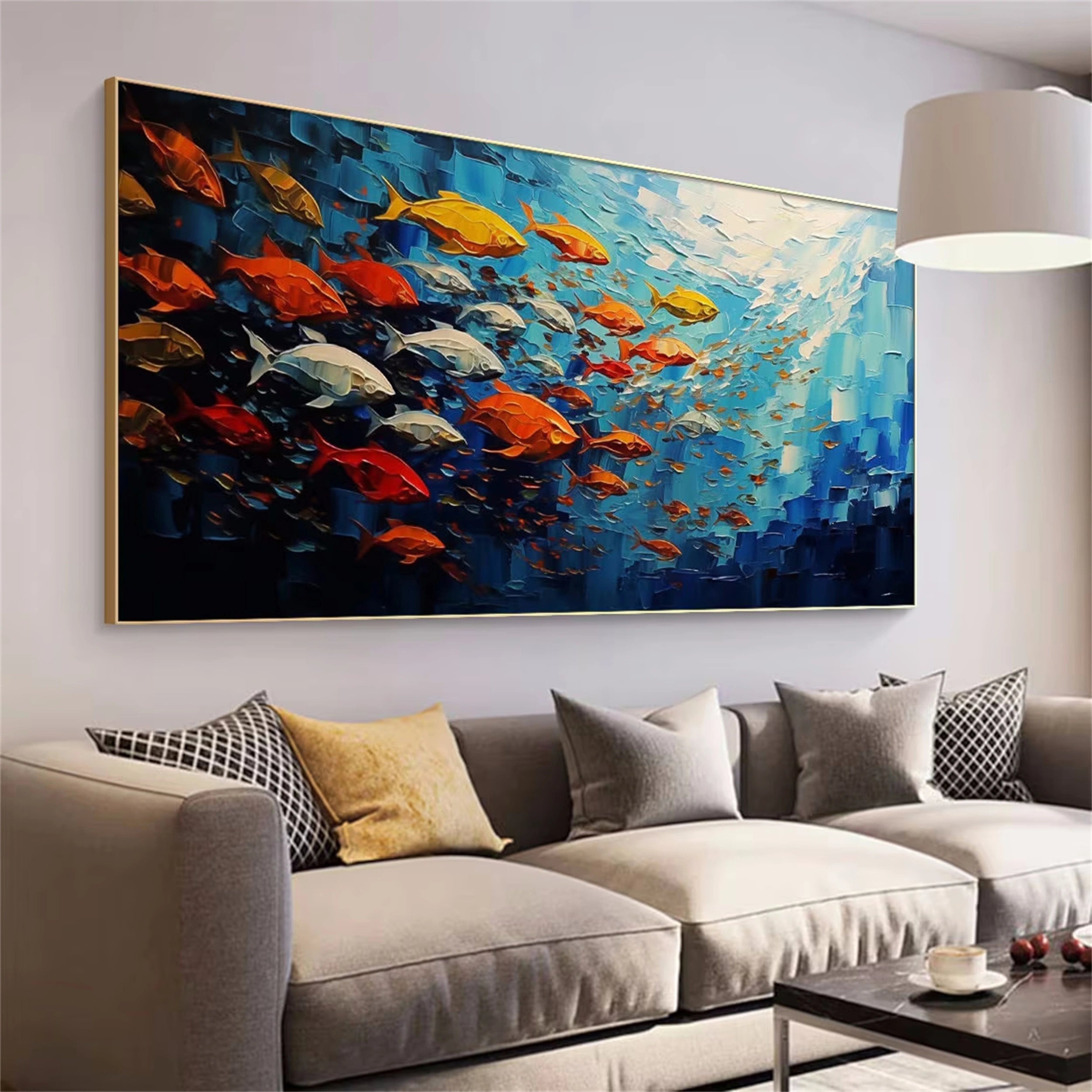 Large Abstract Oil Painting Fish Wall Art - Ocean Painting #JJ 242