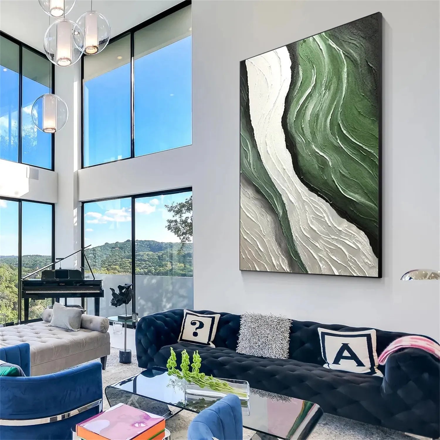 Handmade Abstract Art Green Ocean Wave Large Wall Art #JJ 221