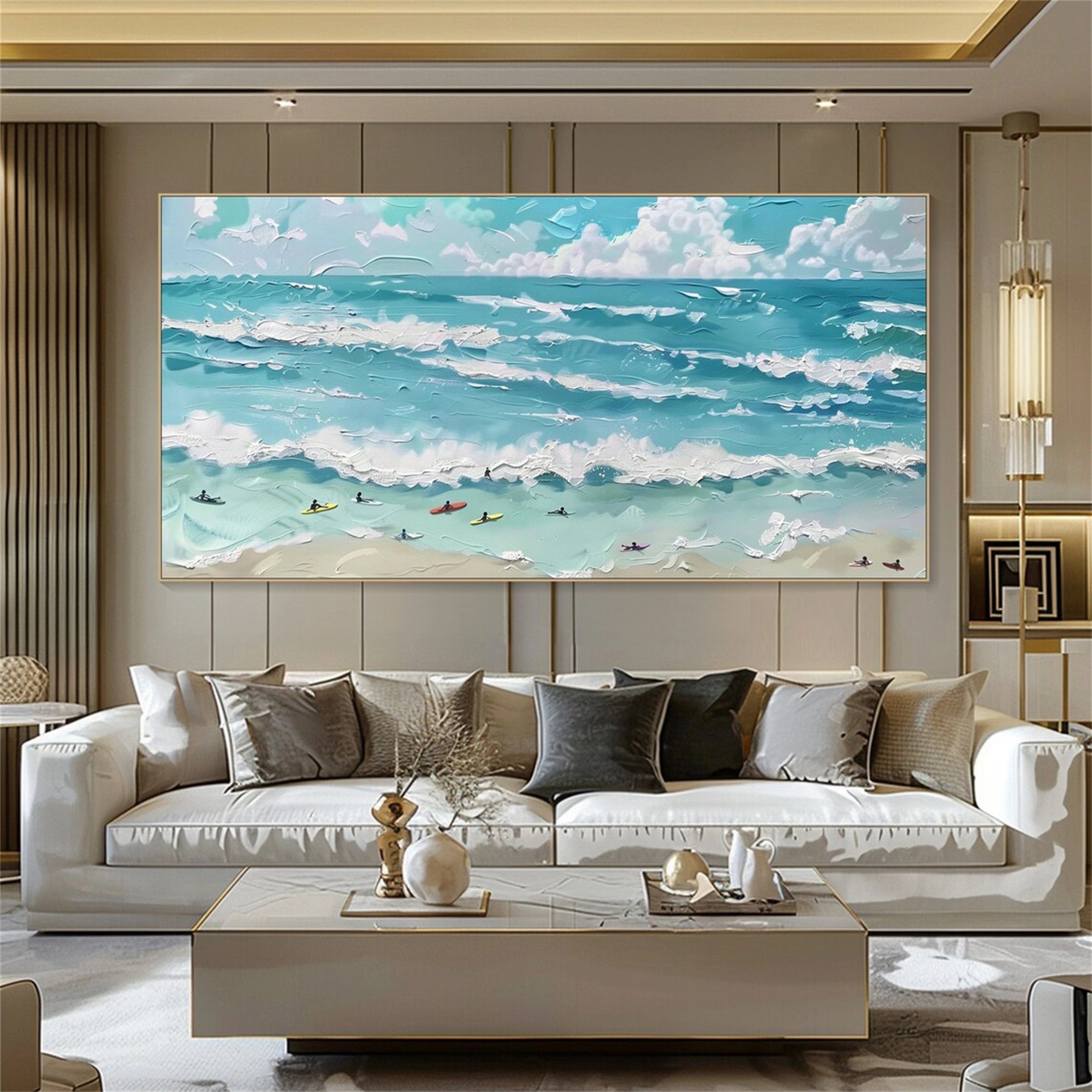 Surfboard Beach Painting | Turquoise and White Impasto Seascape Home Decor #JJ 249