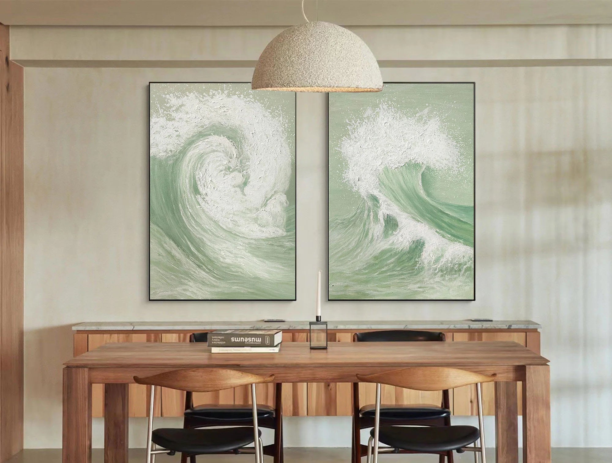 Green & White Wave Art Set - Textured Coastal Paintings #JJ 194