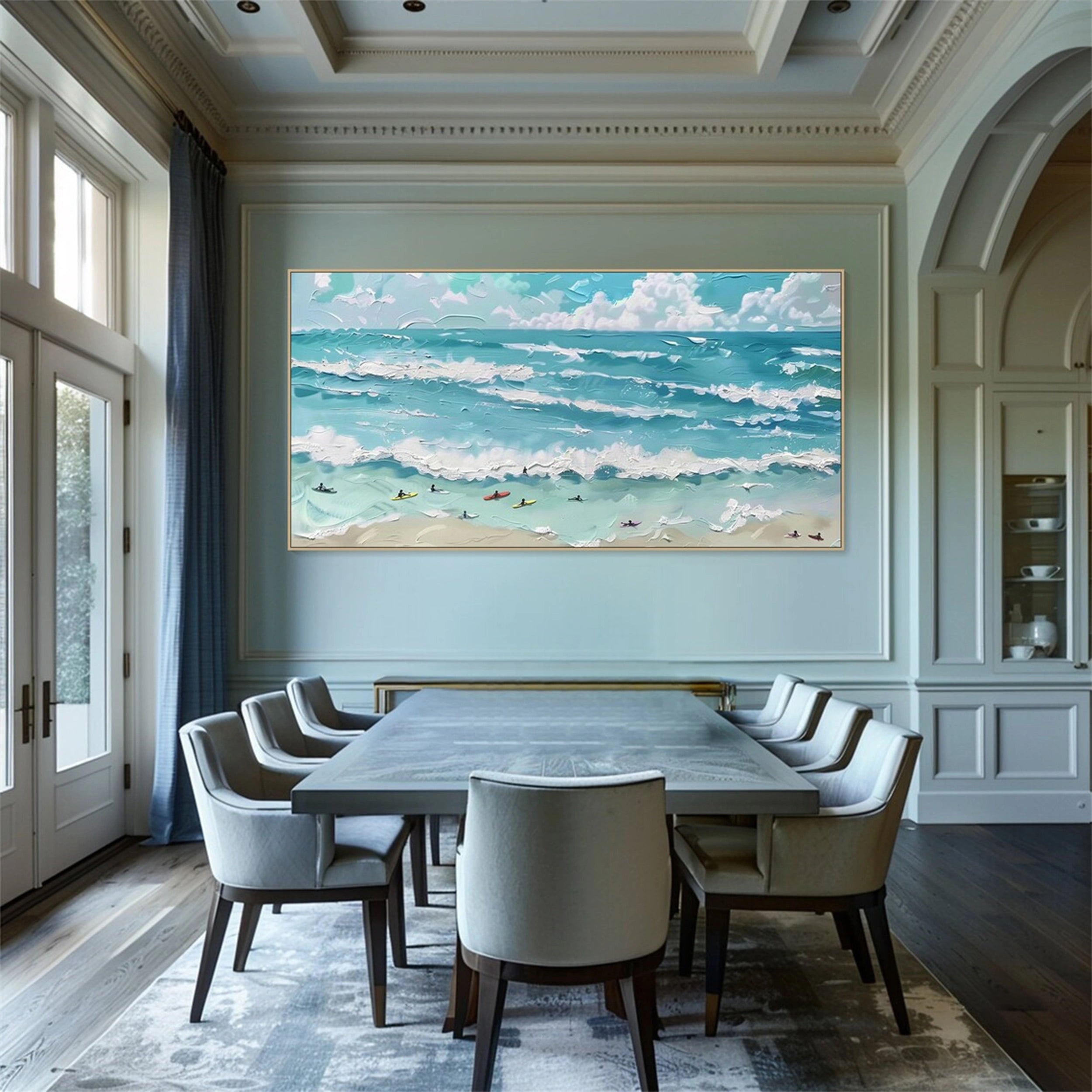 Surfboard Beach Painting | Turquoise and White Impasto Seascape Home Decor #JJ 249